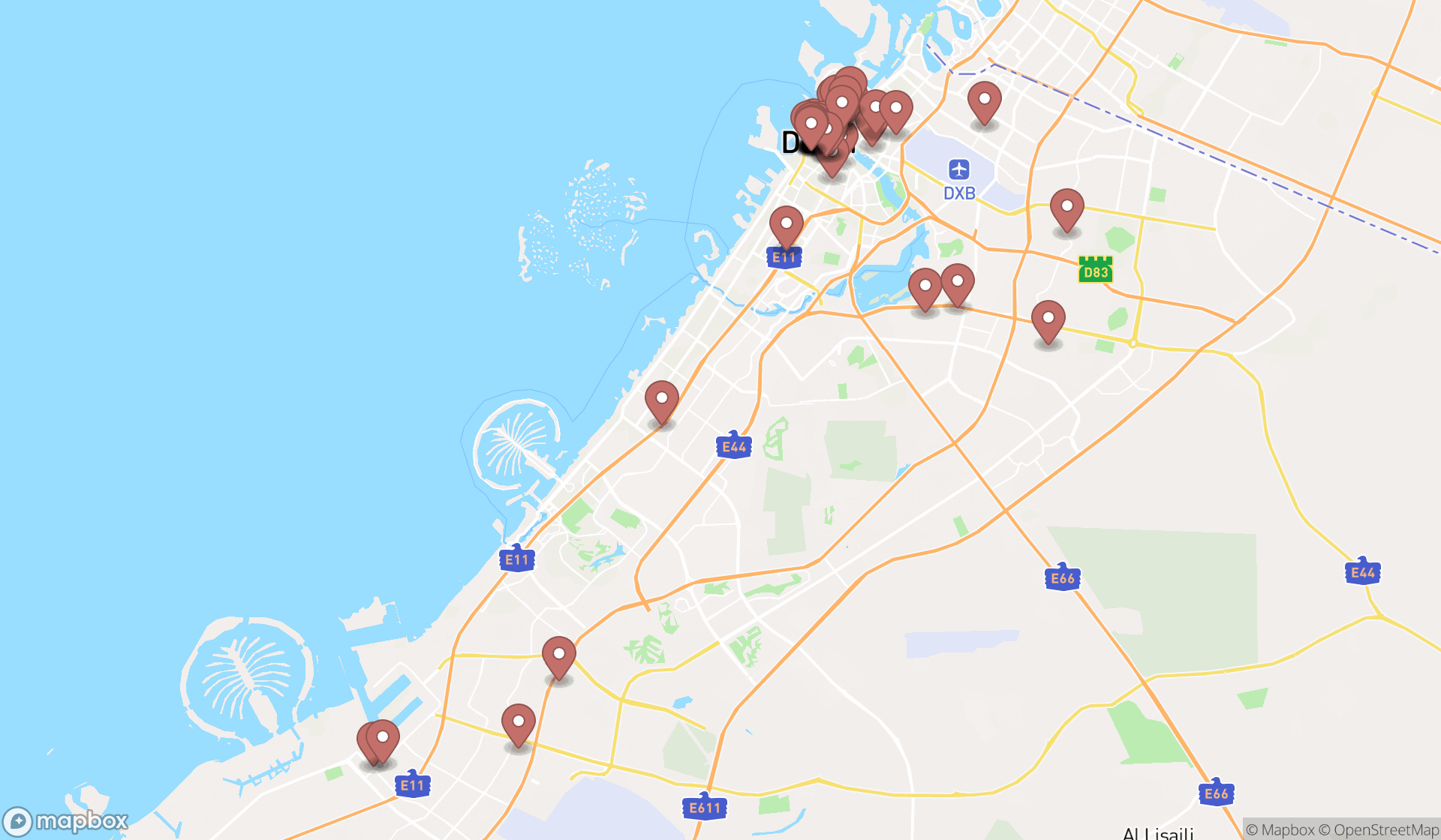 Map showing the search results in Dubai