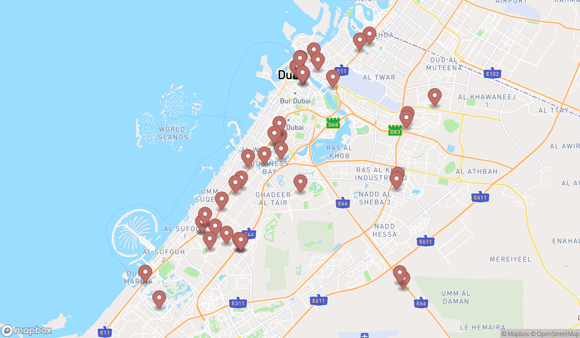 Map showing the search results in Dubai