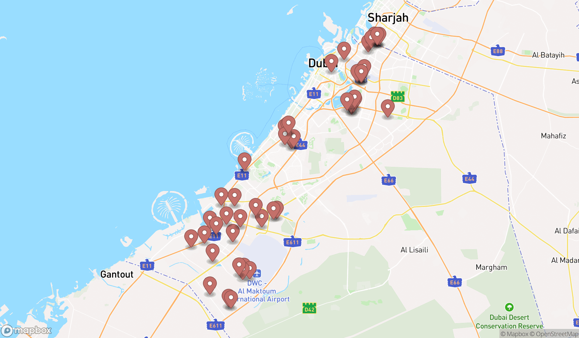 Map showing the search results in Dubai