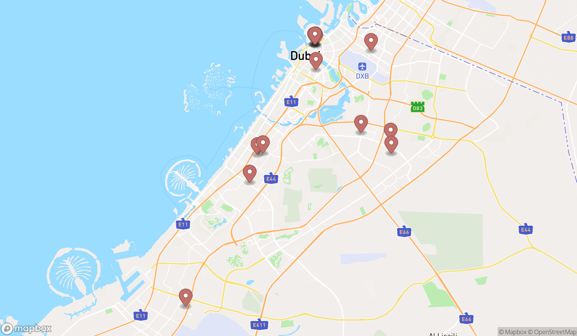 Map showing the search results in Dubai