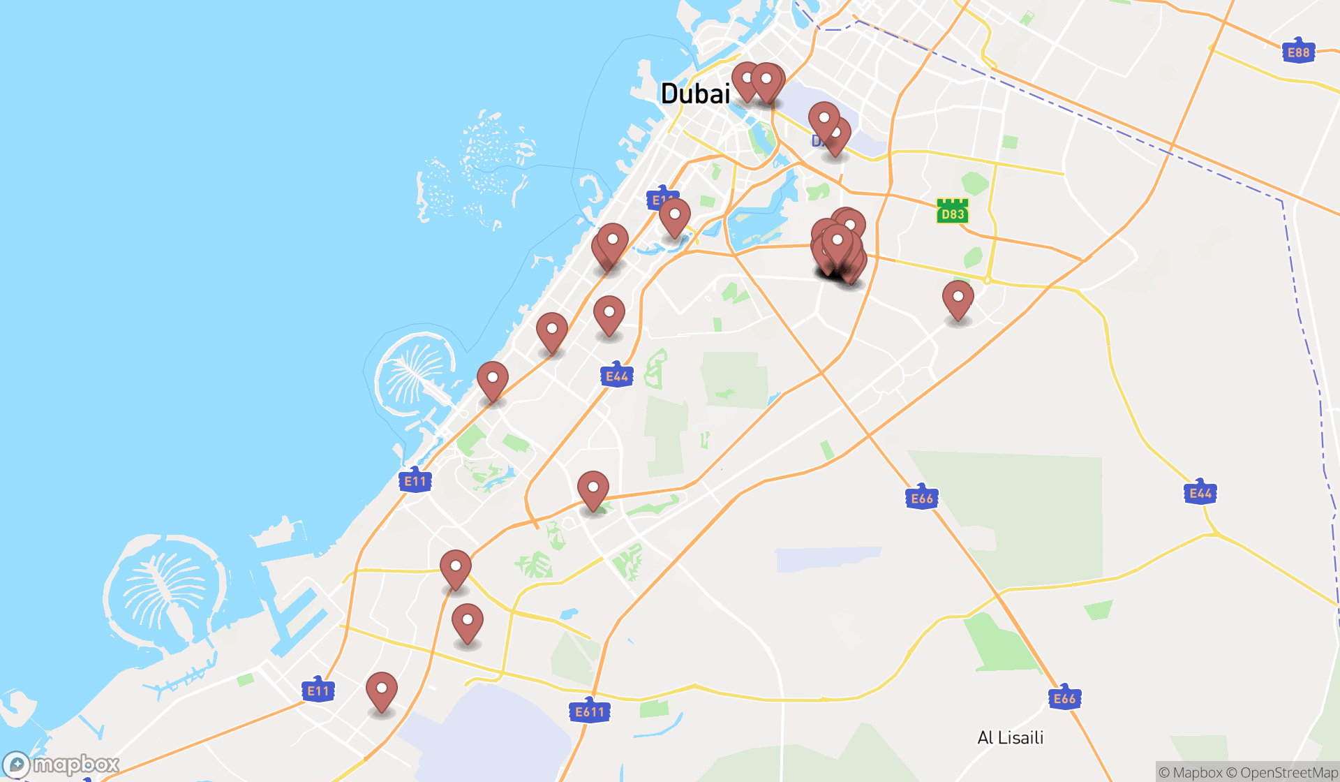 Map showing the search results in Dubai