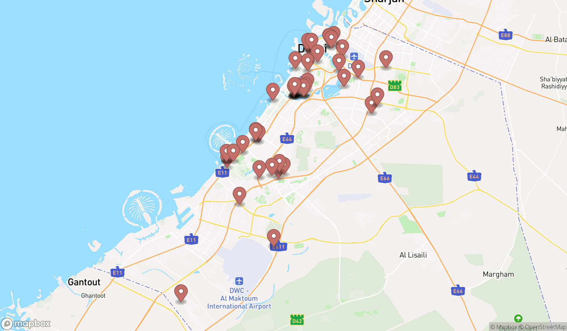 Map showing the search results in Dubai
