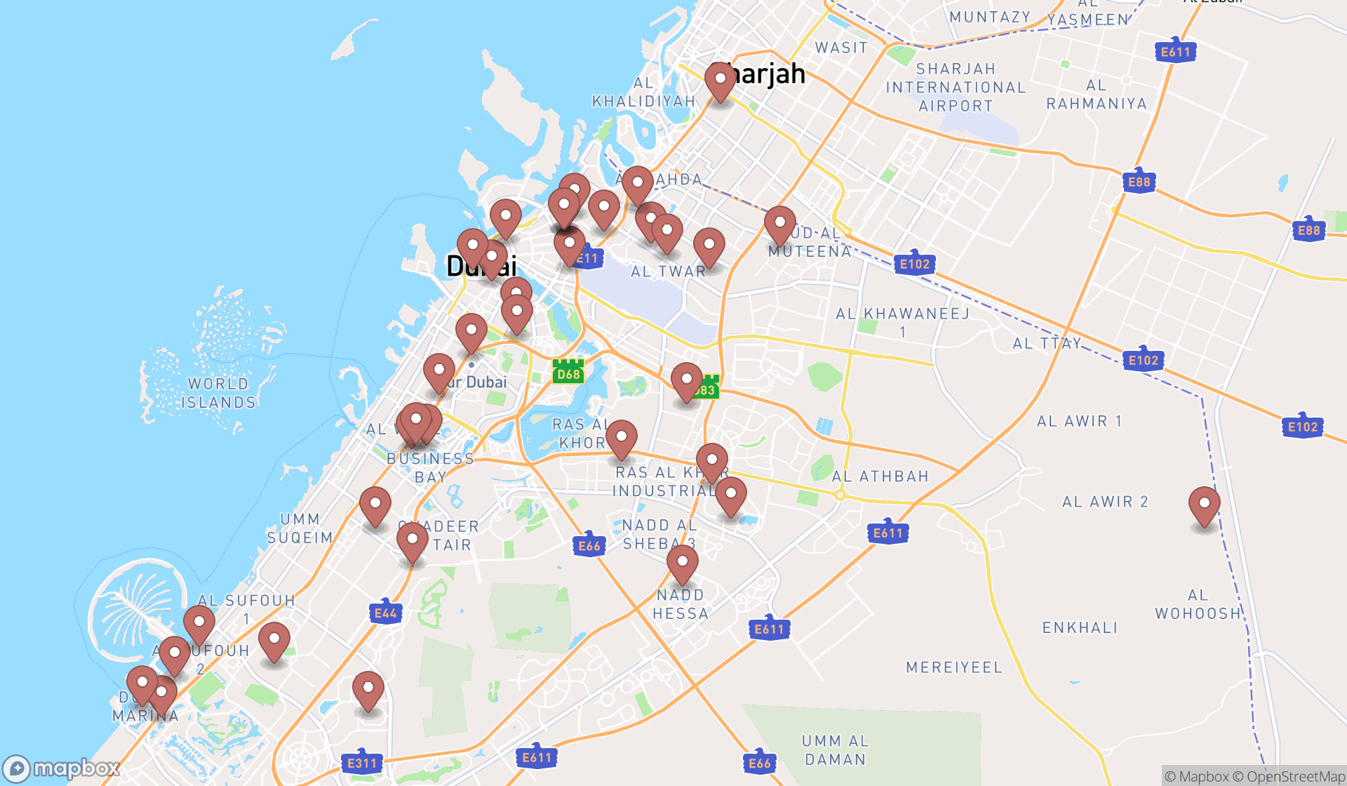 Map showing the search results in Dubai