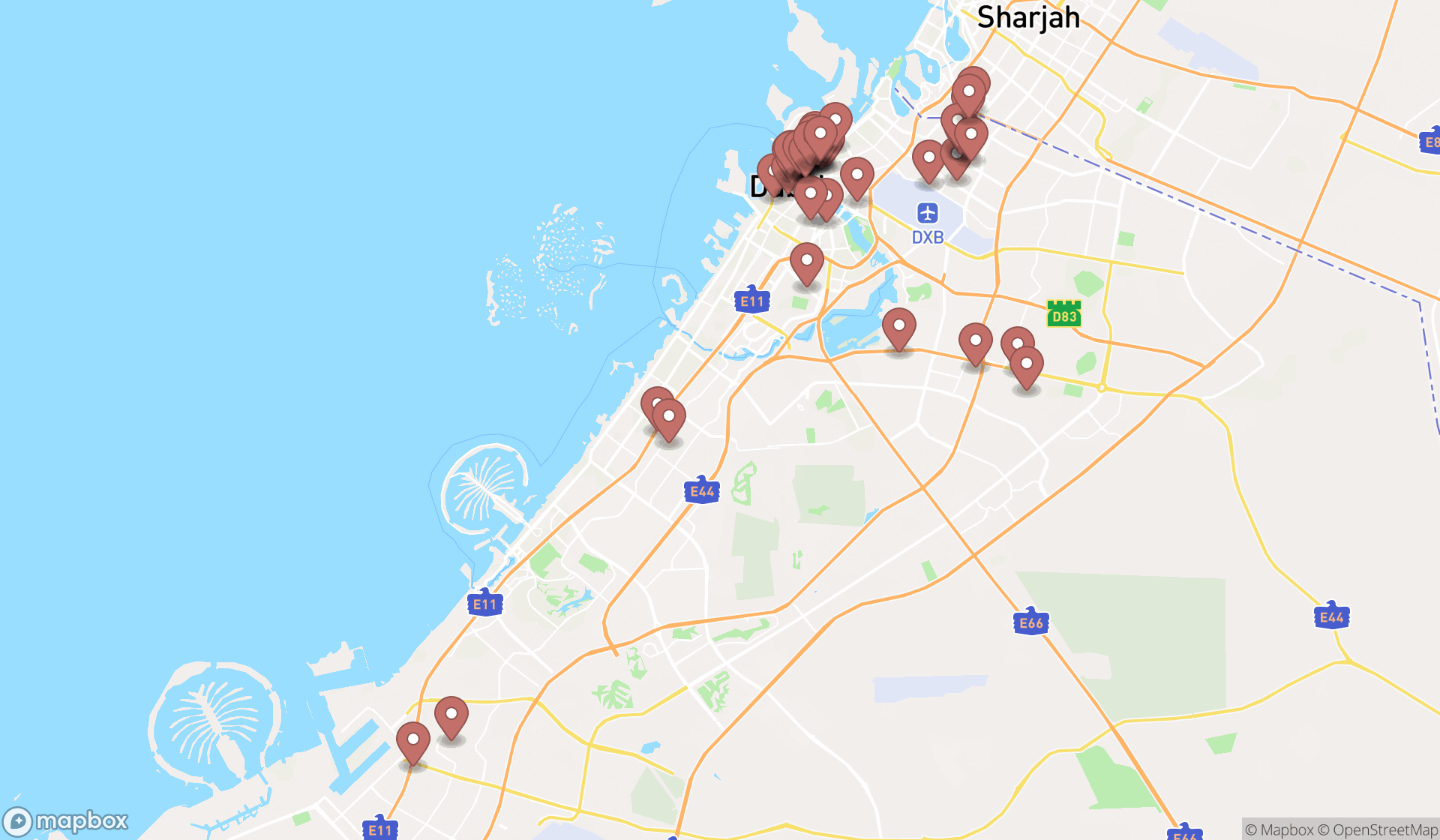 Map showing the search results in Dubai