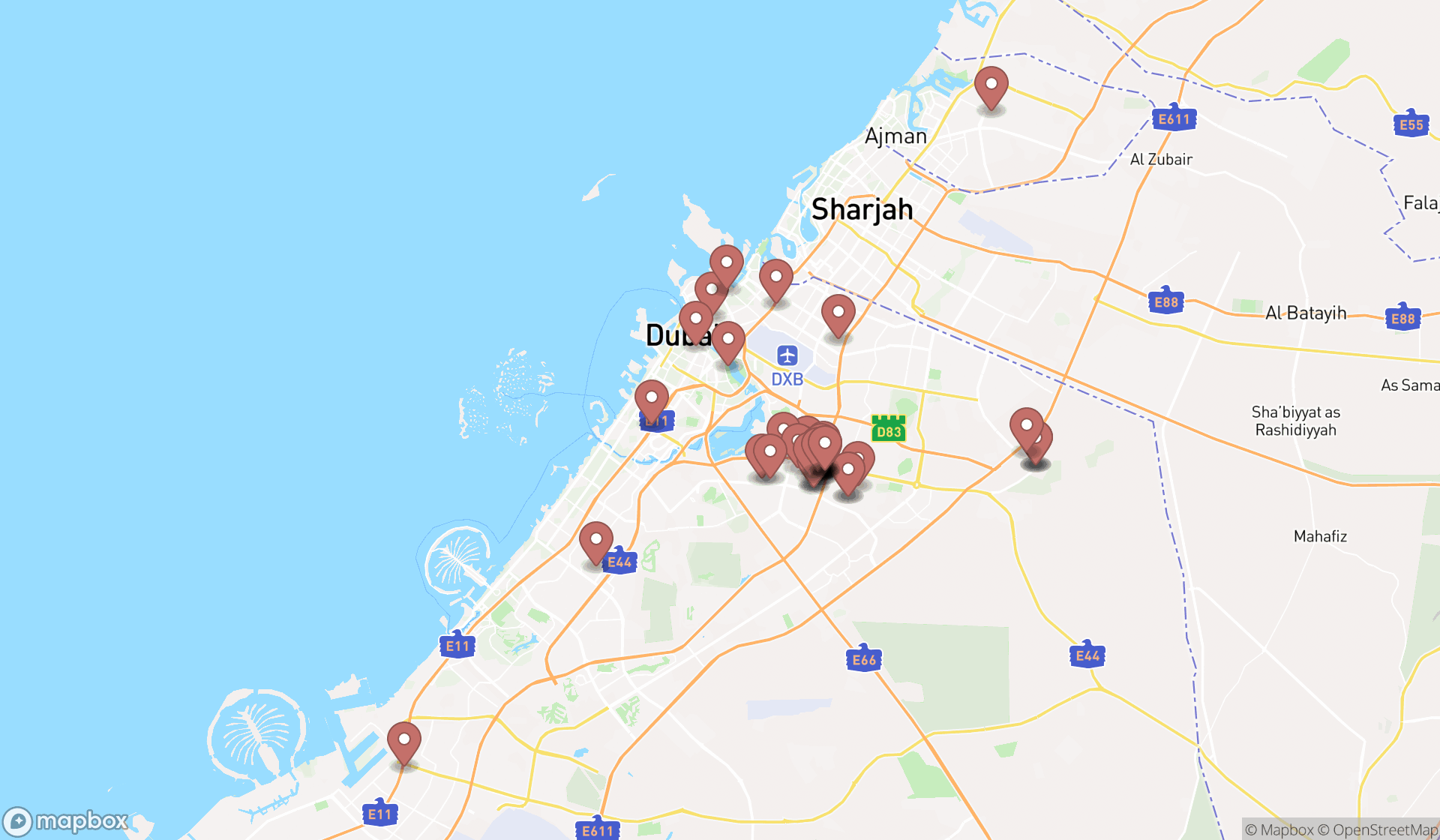Map showing the search results in Dubai