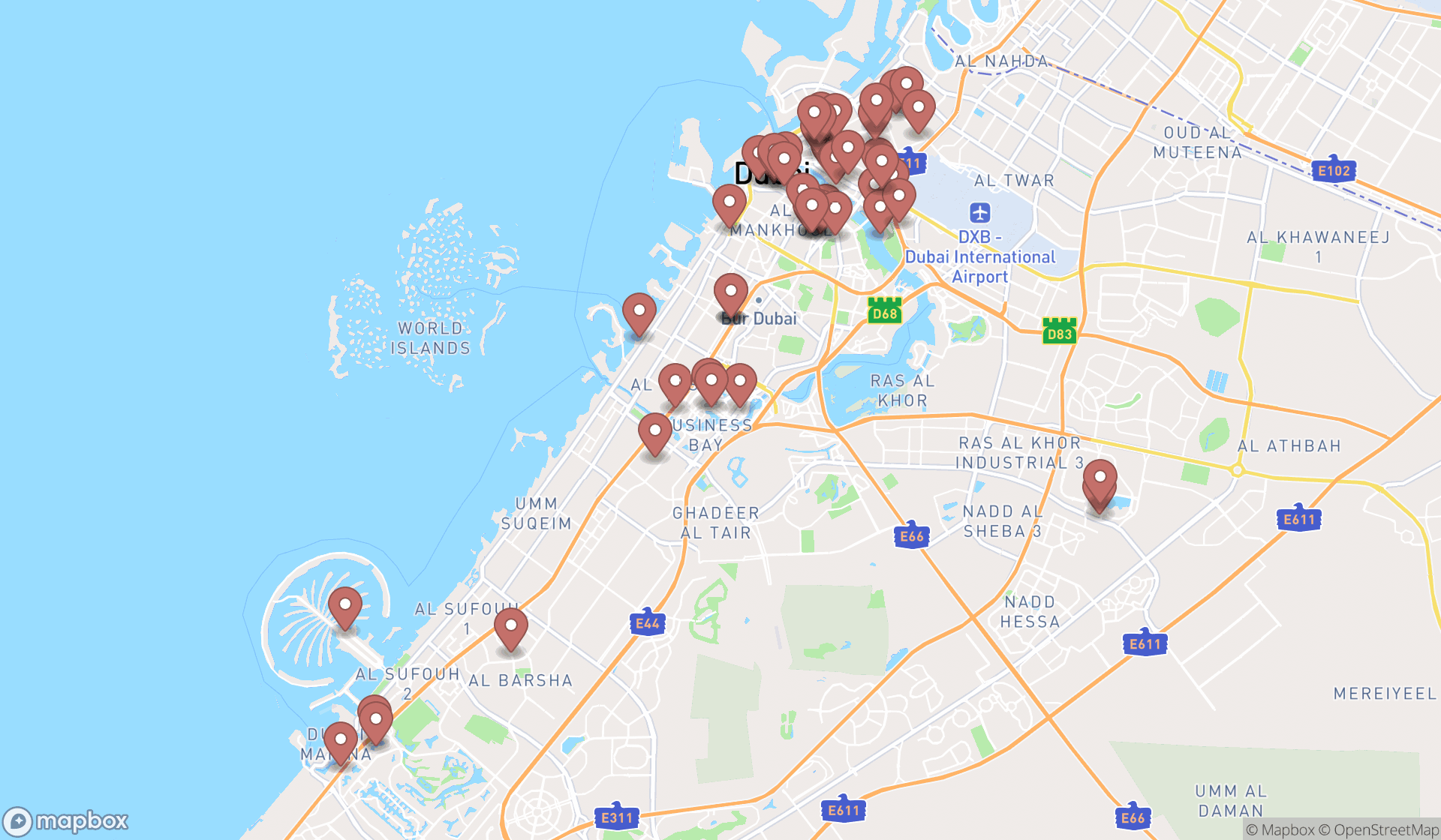 Map showing the search results in Dubai
