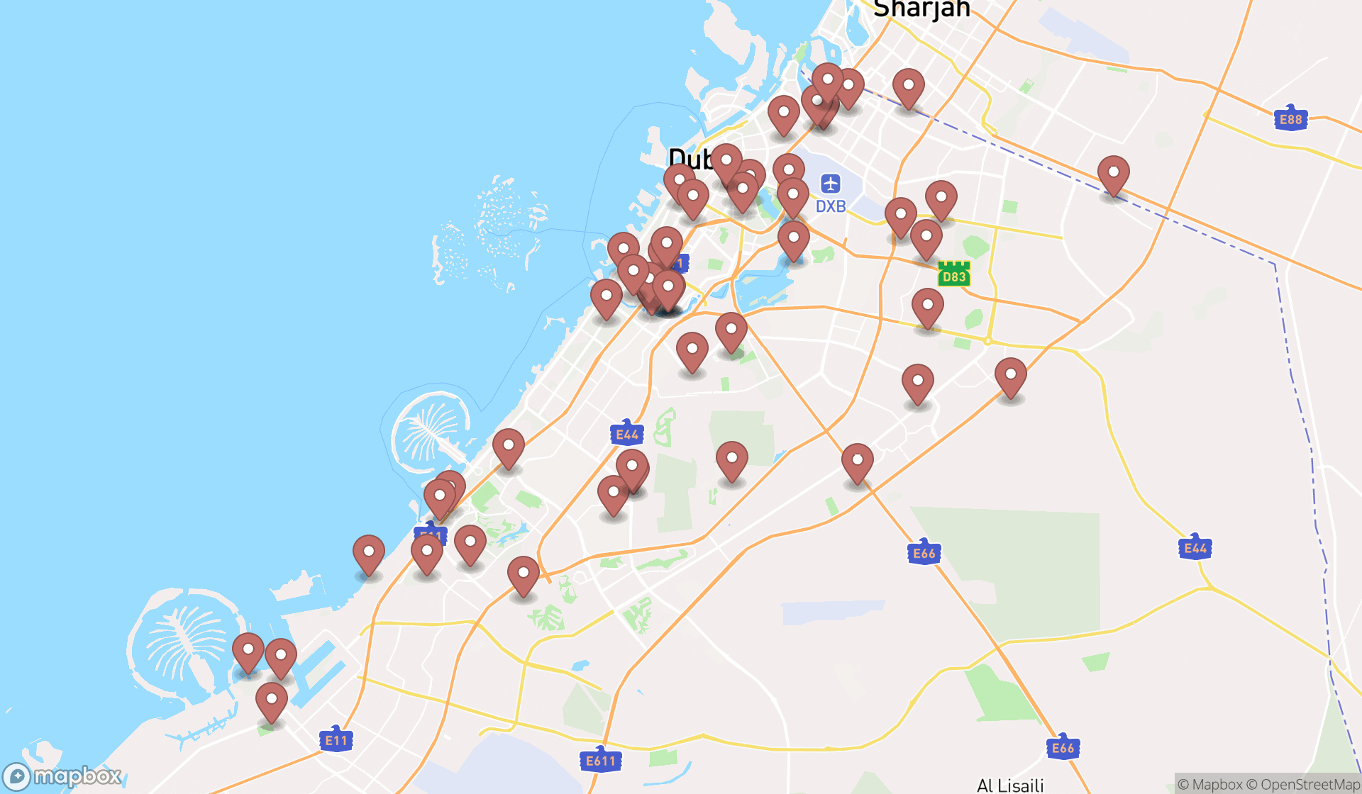 Map showing the search results in Dubai