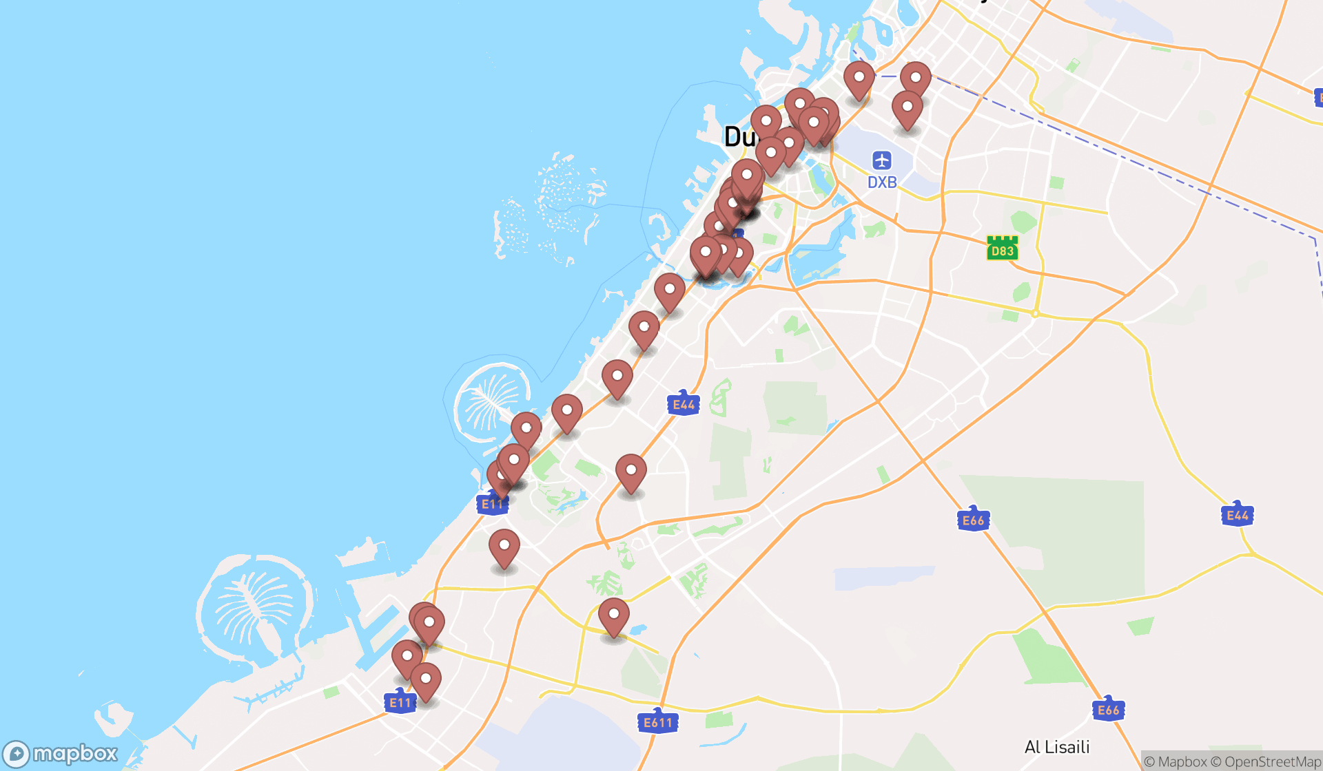 Map showing the search results in Dubai