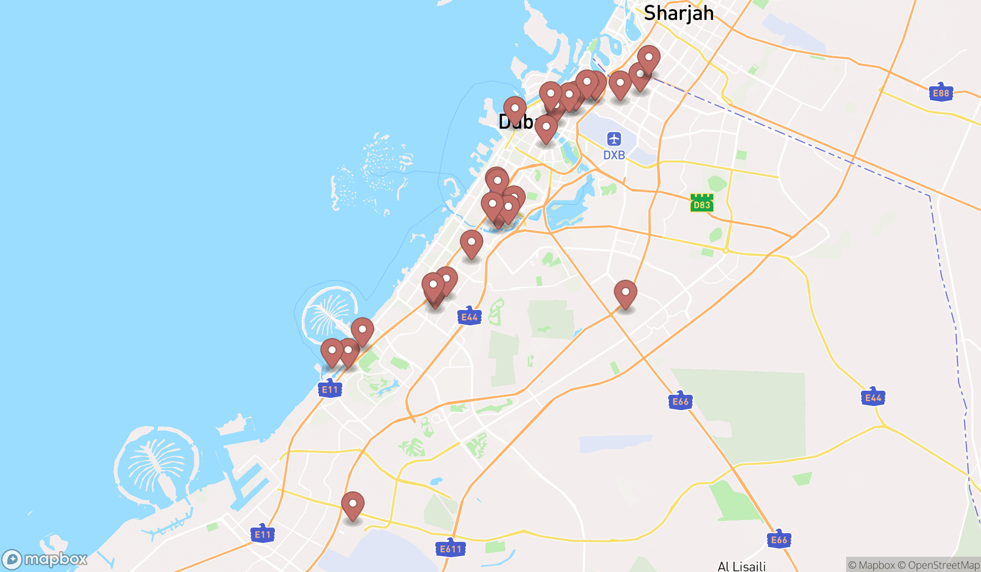 Map showing the search results in Dubai