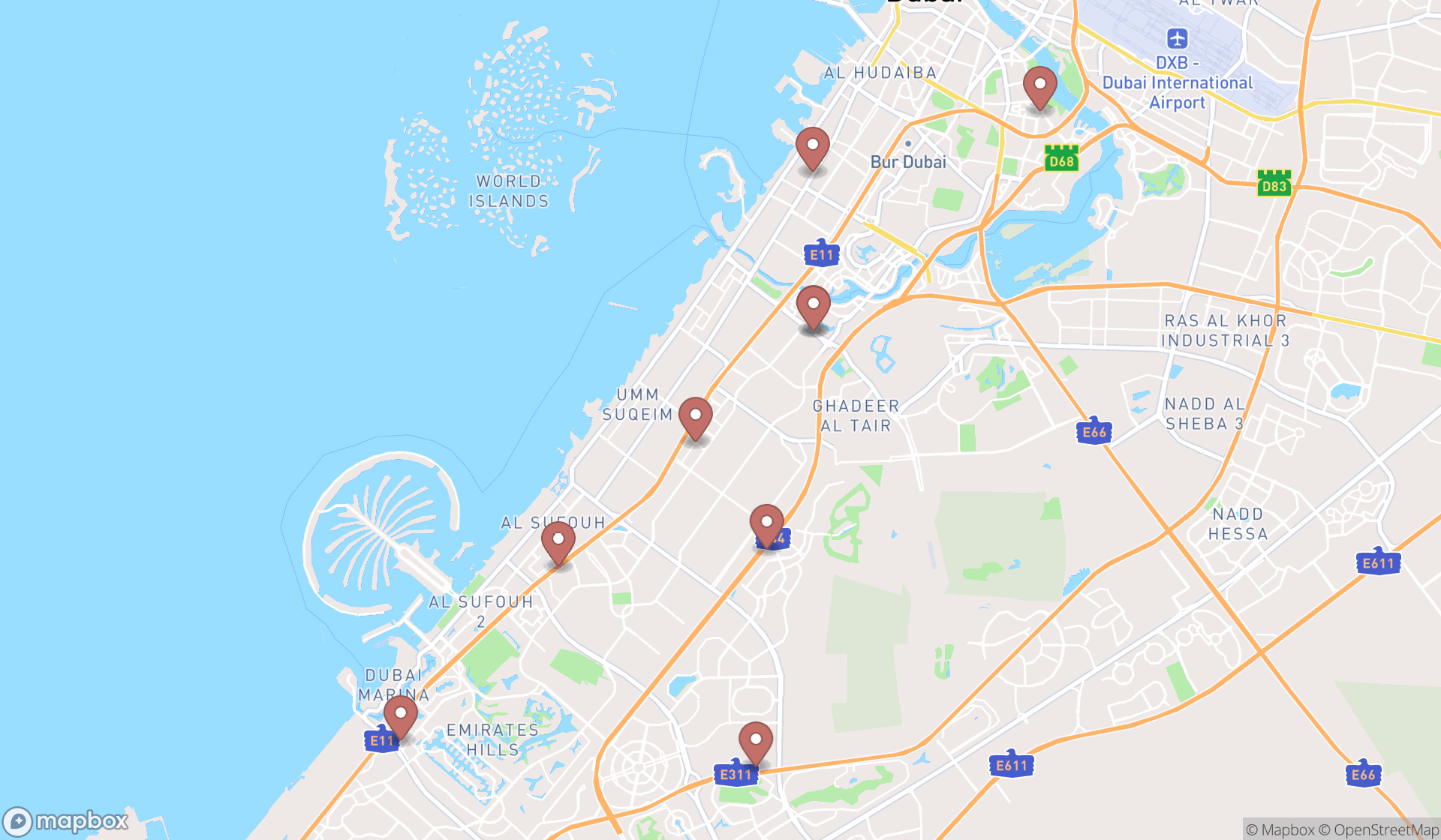Map showing the search results in Dubai