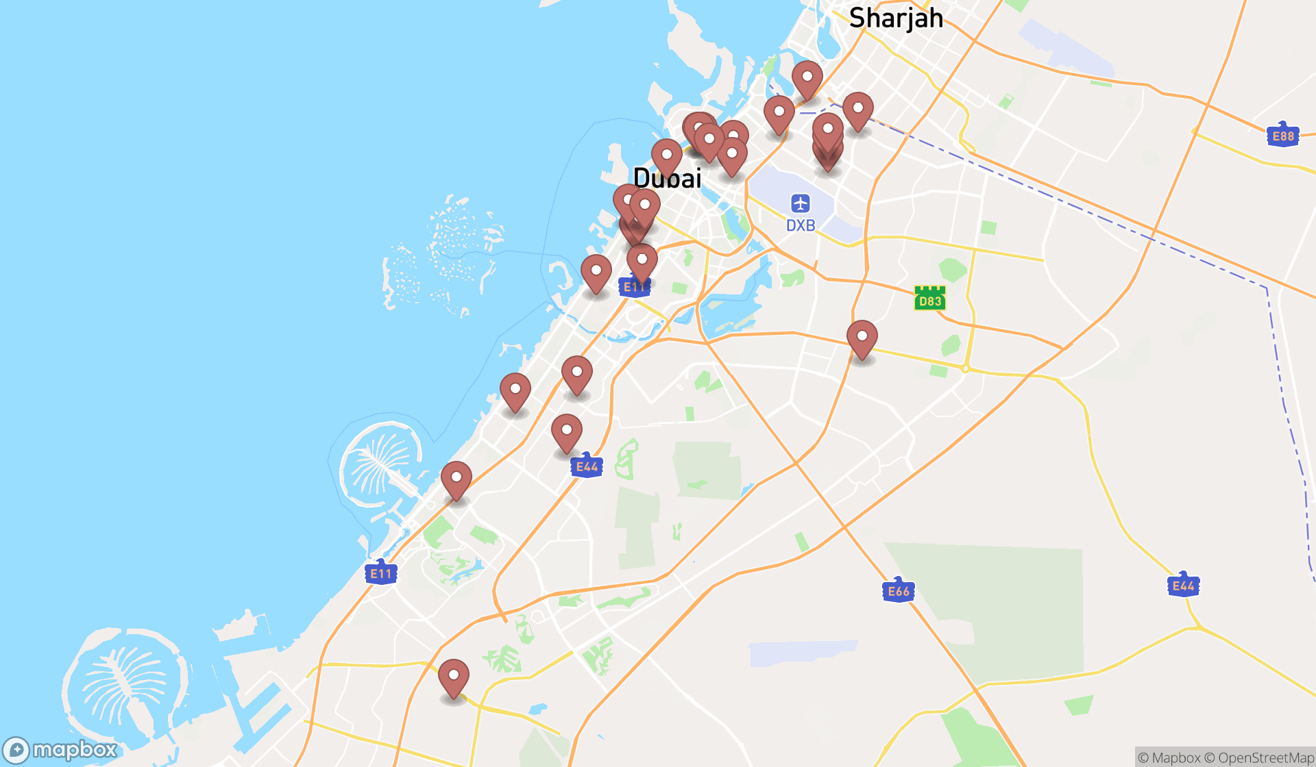 Map showing the search results in Dubai