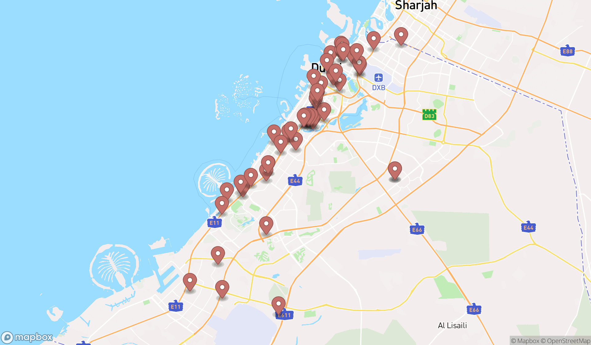 Map showing the search results in Dubai