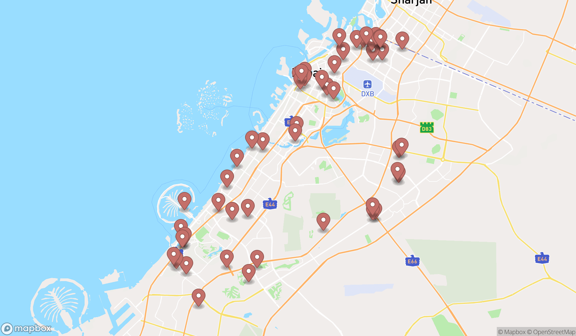 Map showing the search results in Dubai