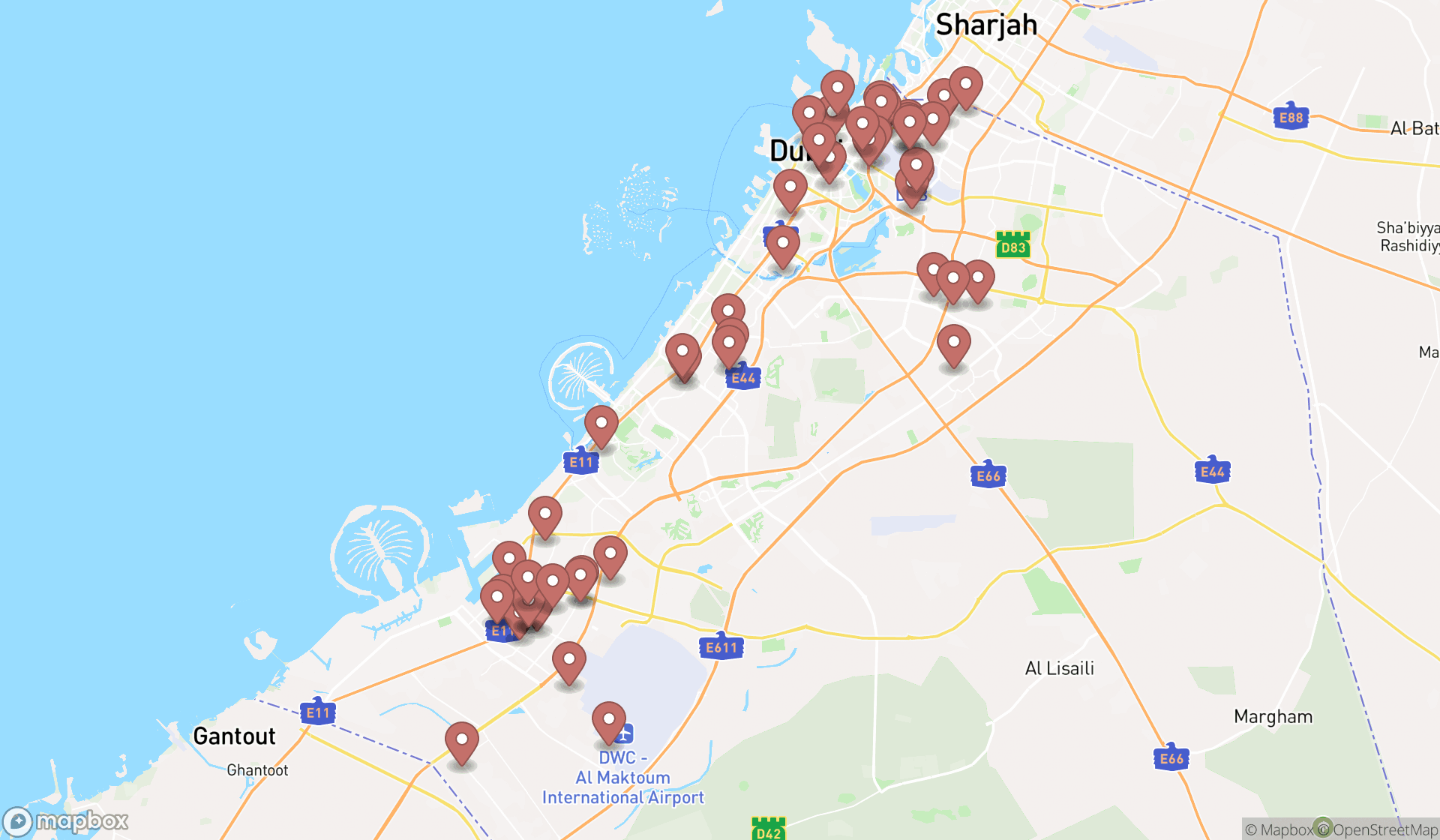 Map showing the search results in Dubai