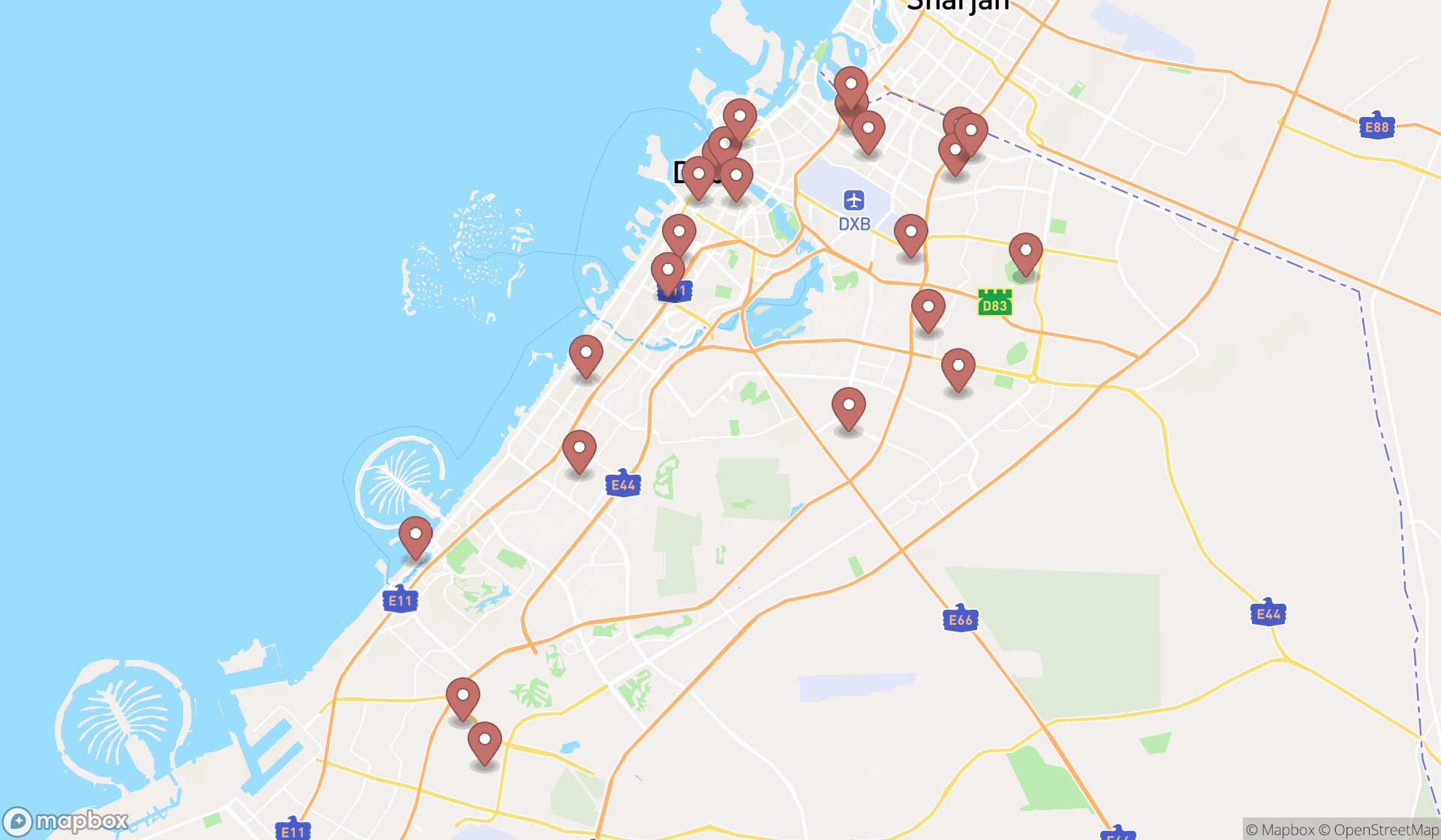 Map showing the search results in Dubai