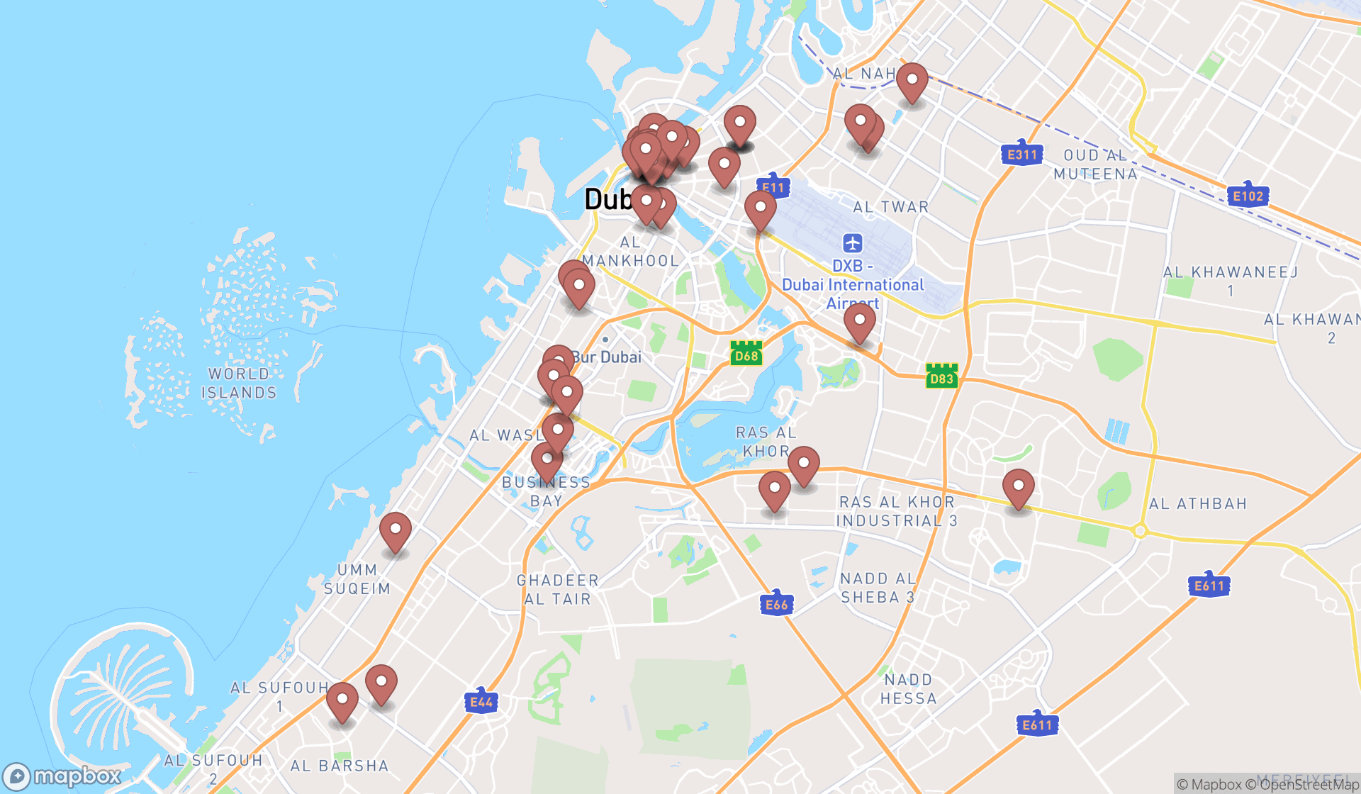 Map showing the search results in Dubai