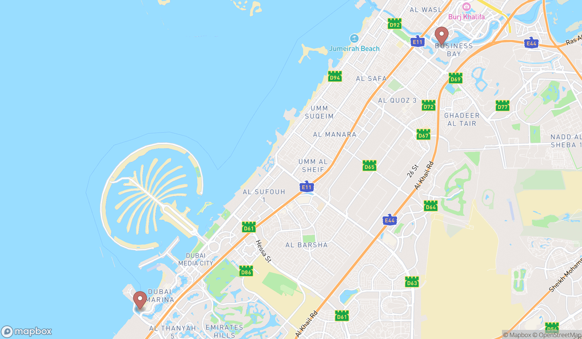 Map showing the search results in Dubai