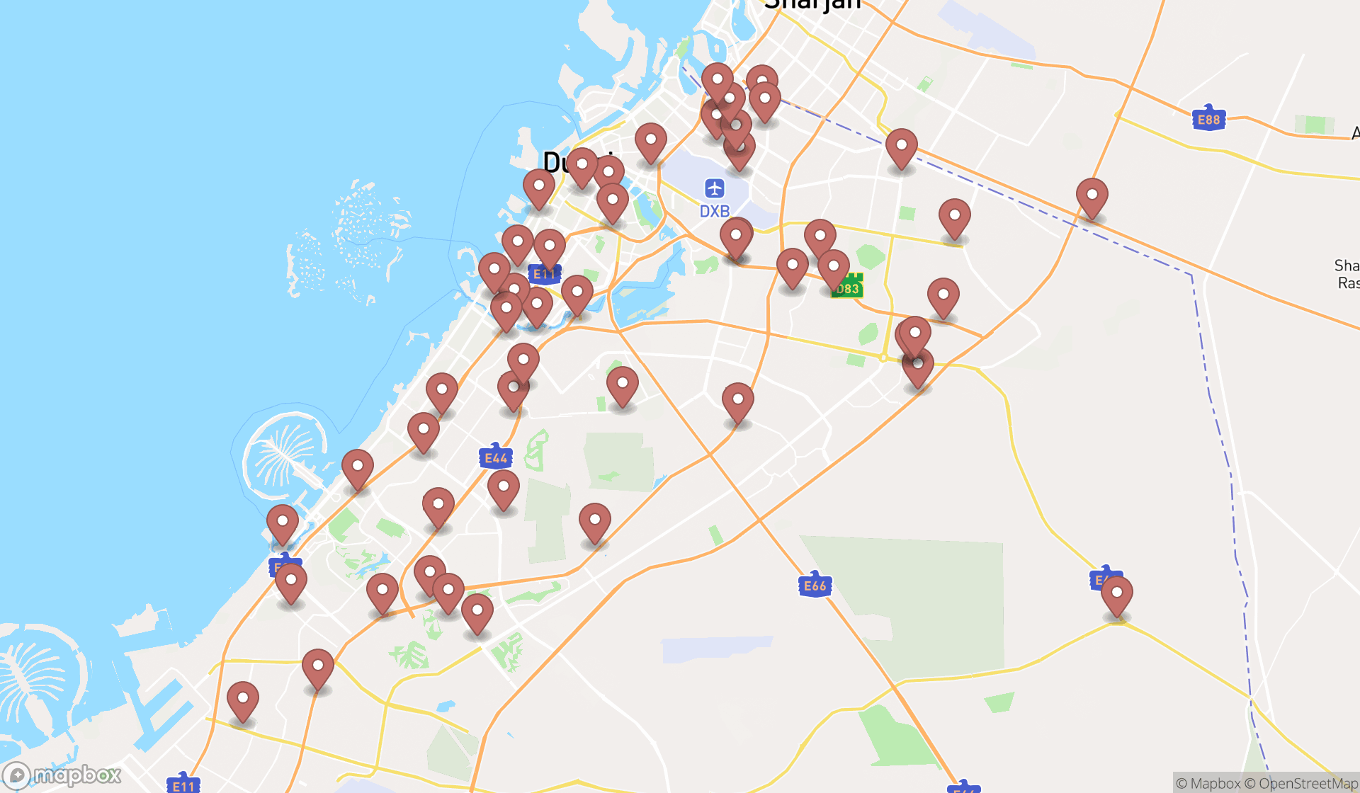 Map showing the search results in Dubai