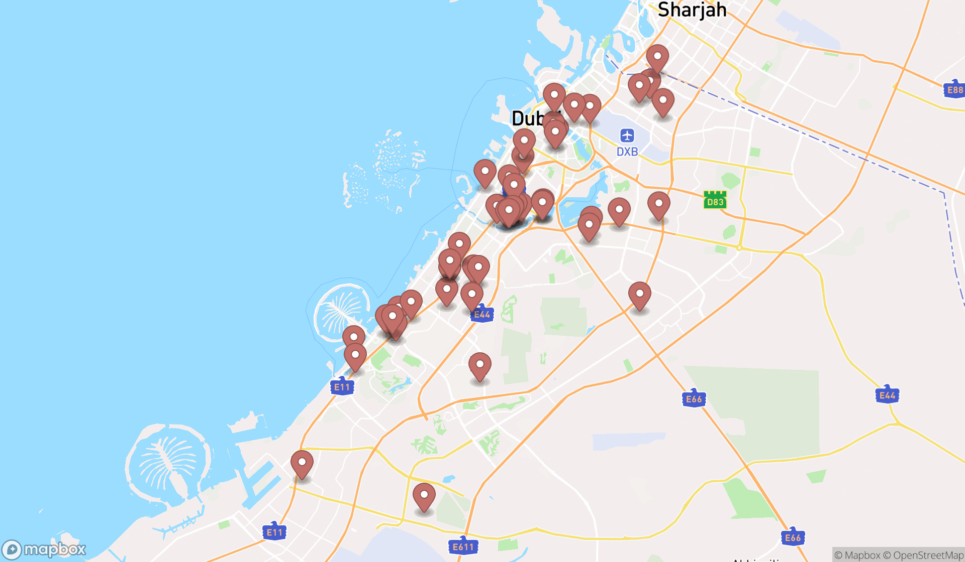 Map showing the search results in Dubai