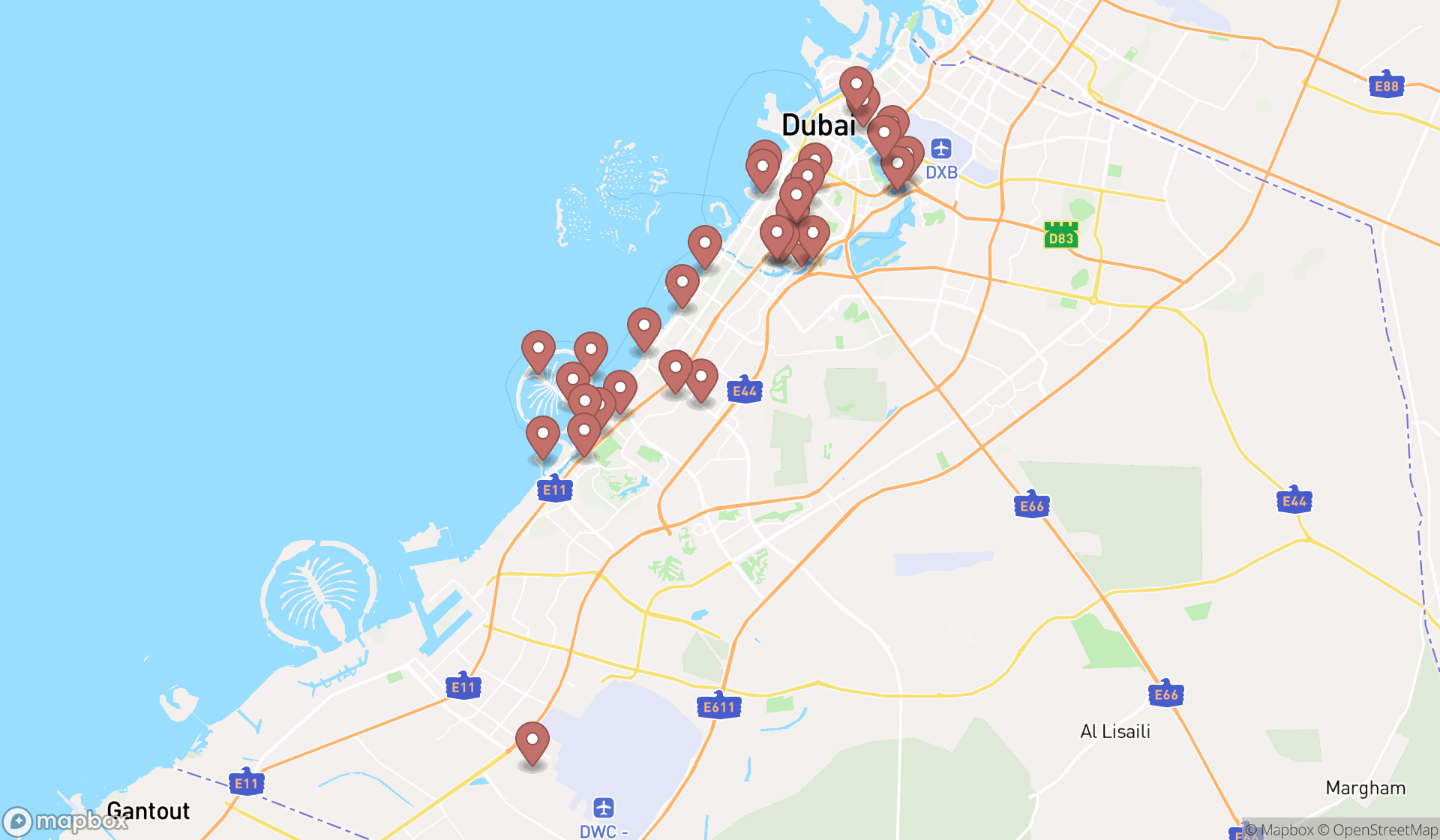 Map showing the search results in Dubai