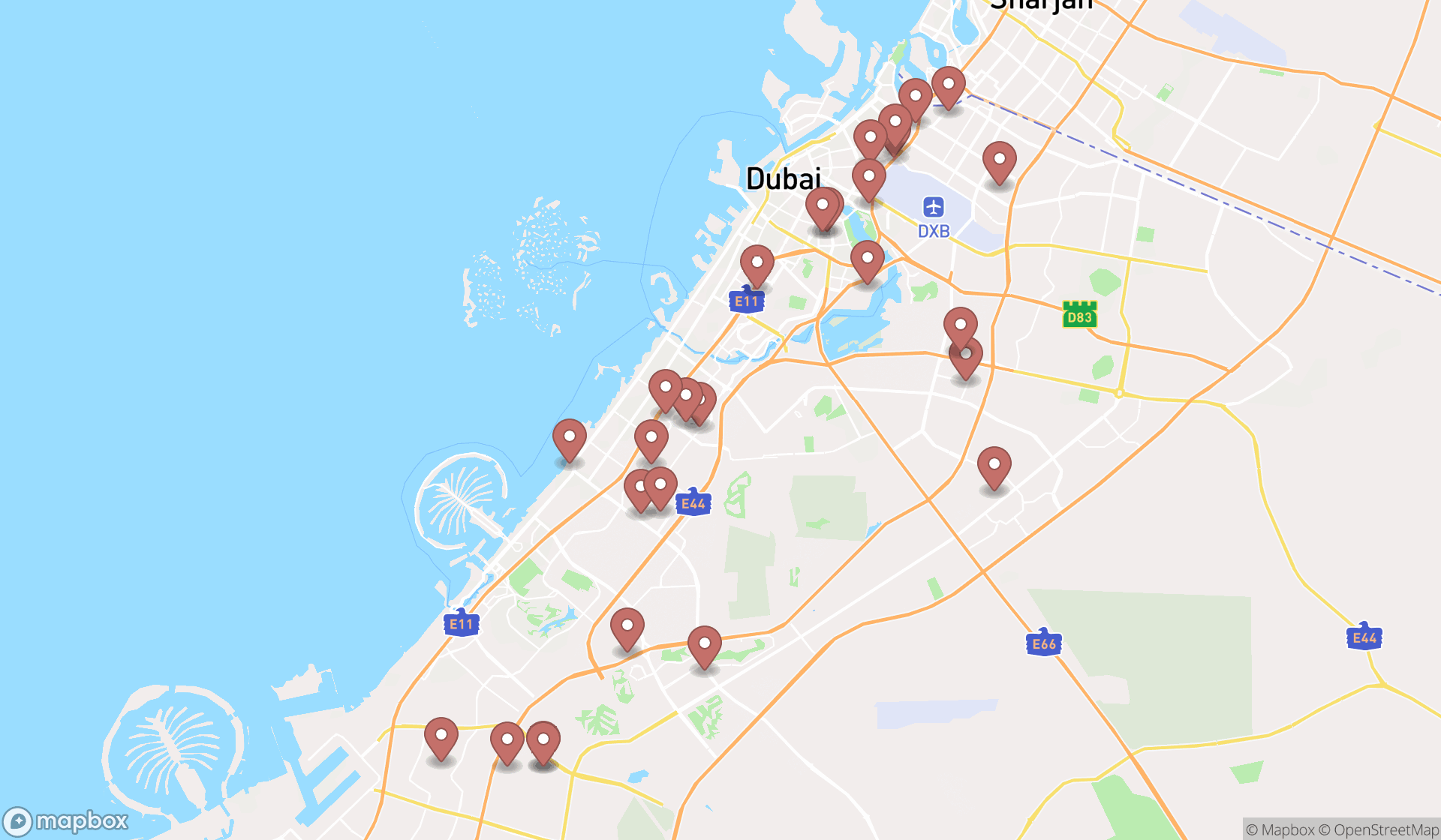 Map showing the search results in Dubai