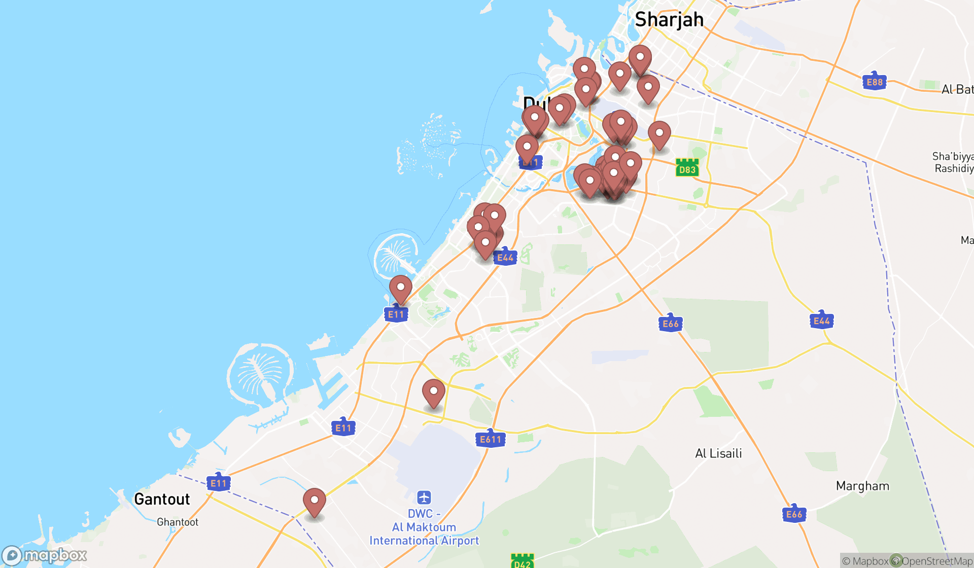 Map showing the search results in Dubai