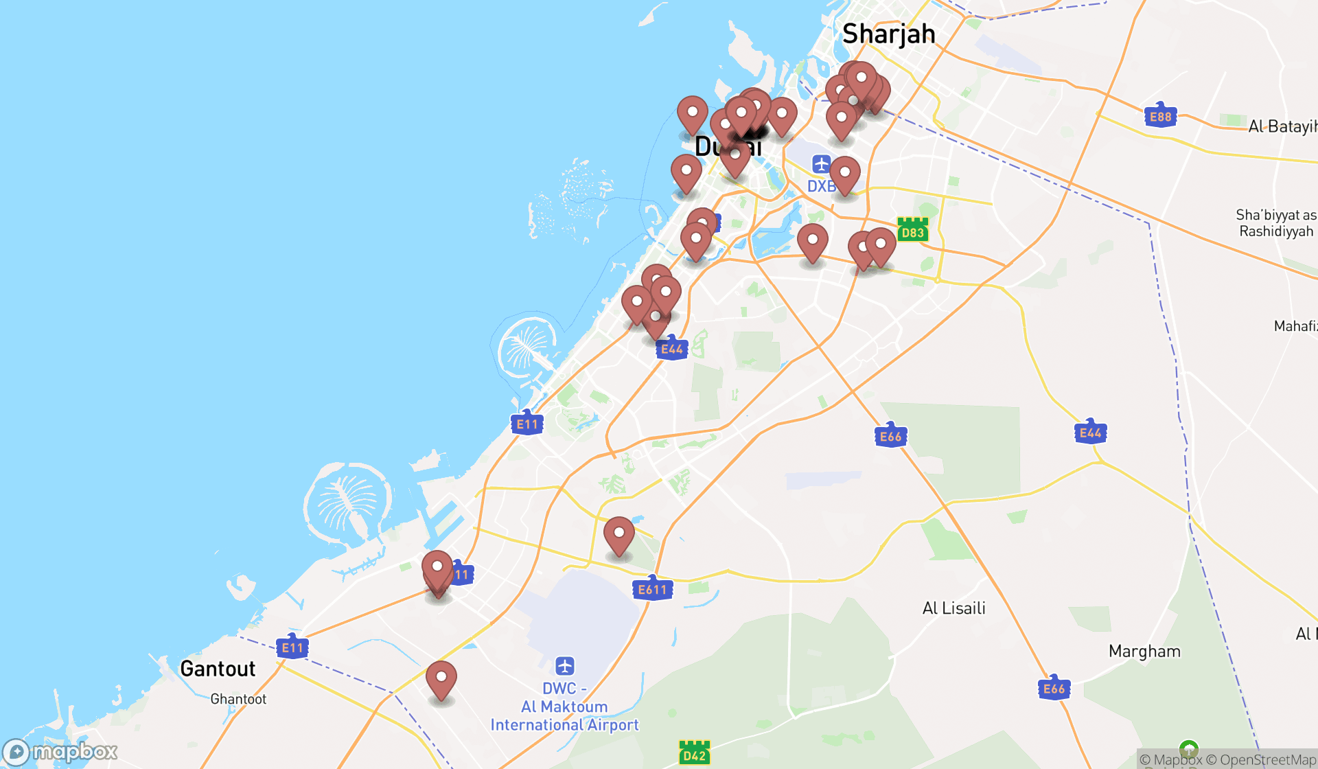 Map showing the search results in Dubai
