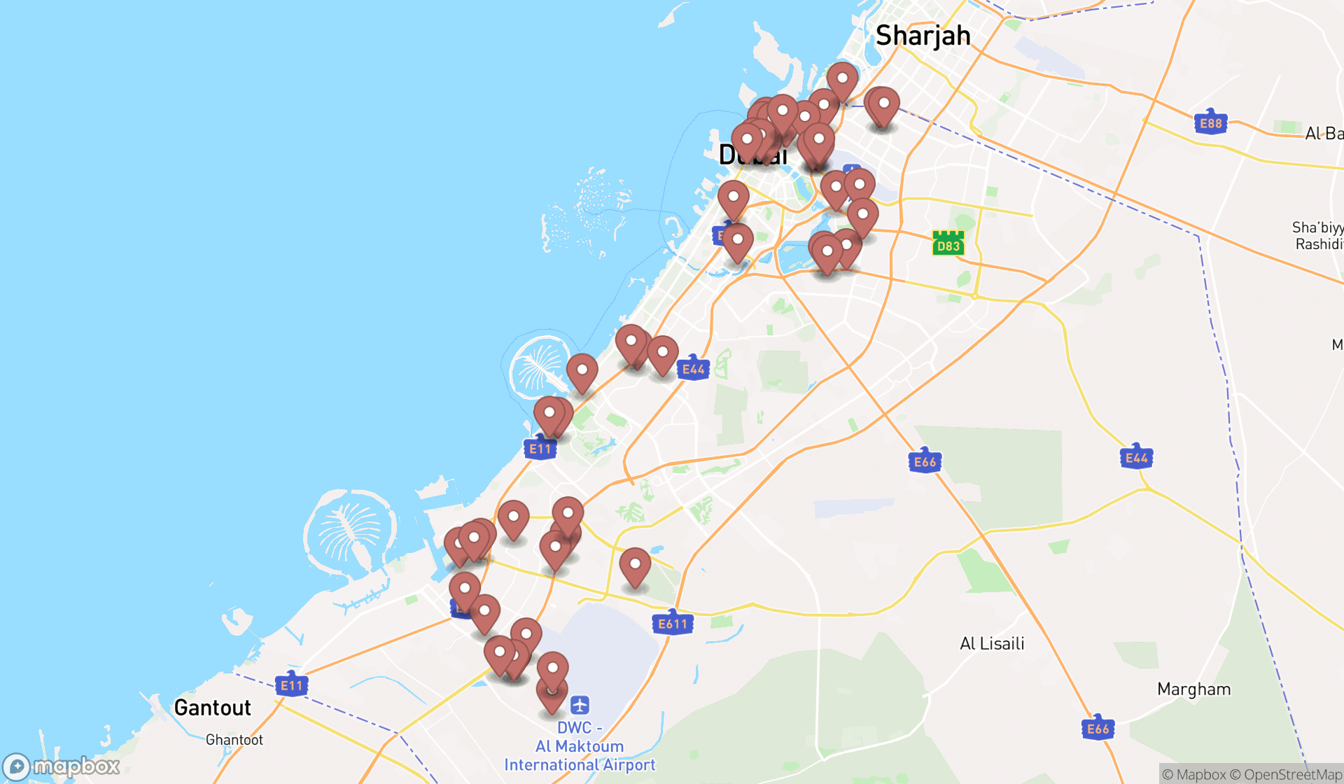 Map showing the search results in Dubai