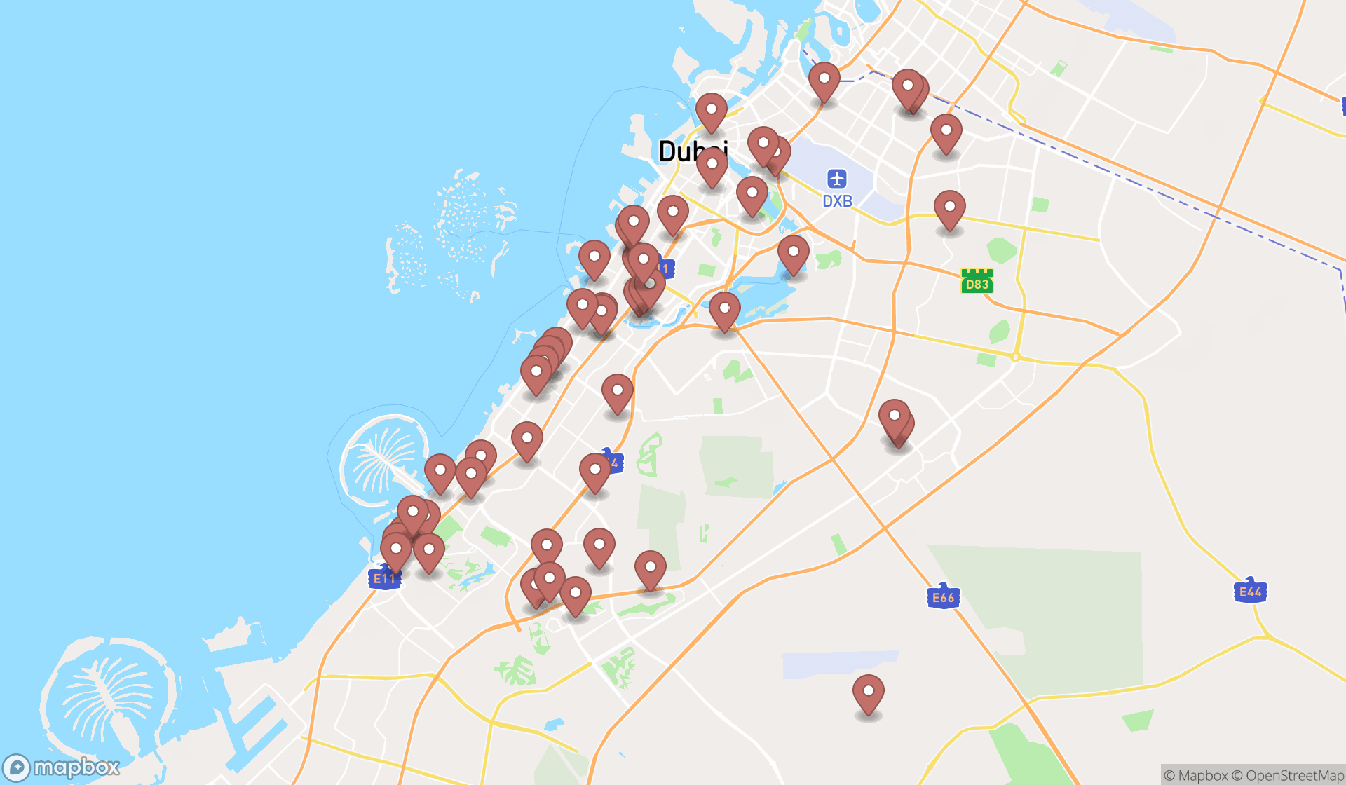 Map showing the search results in Dubai