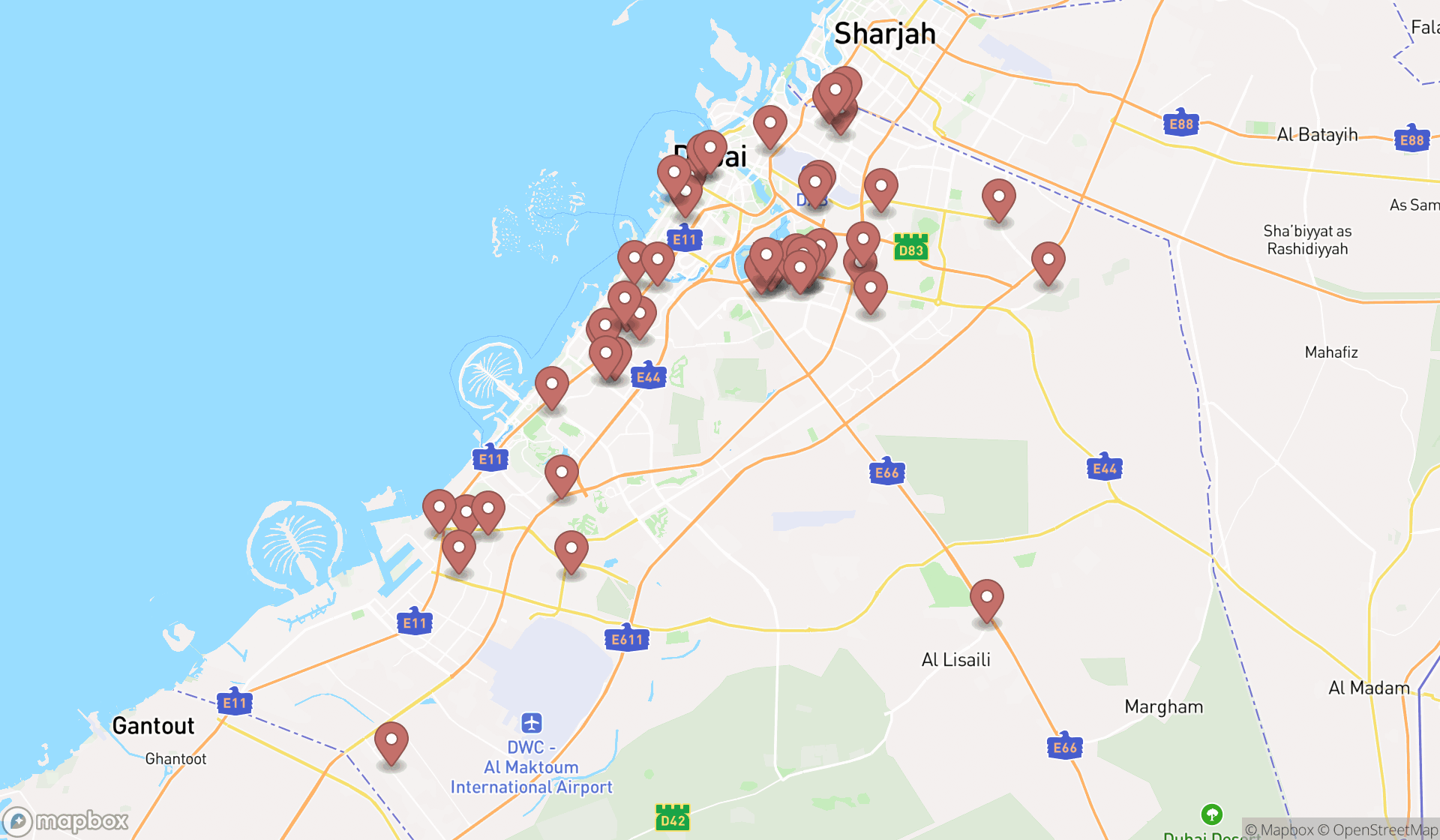 Map showing the search results in Dubai