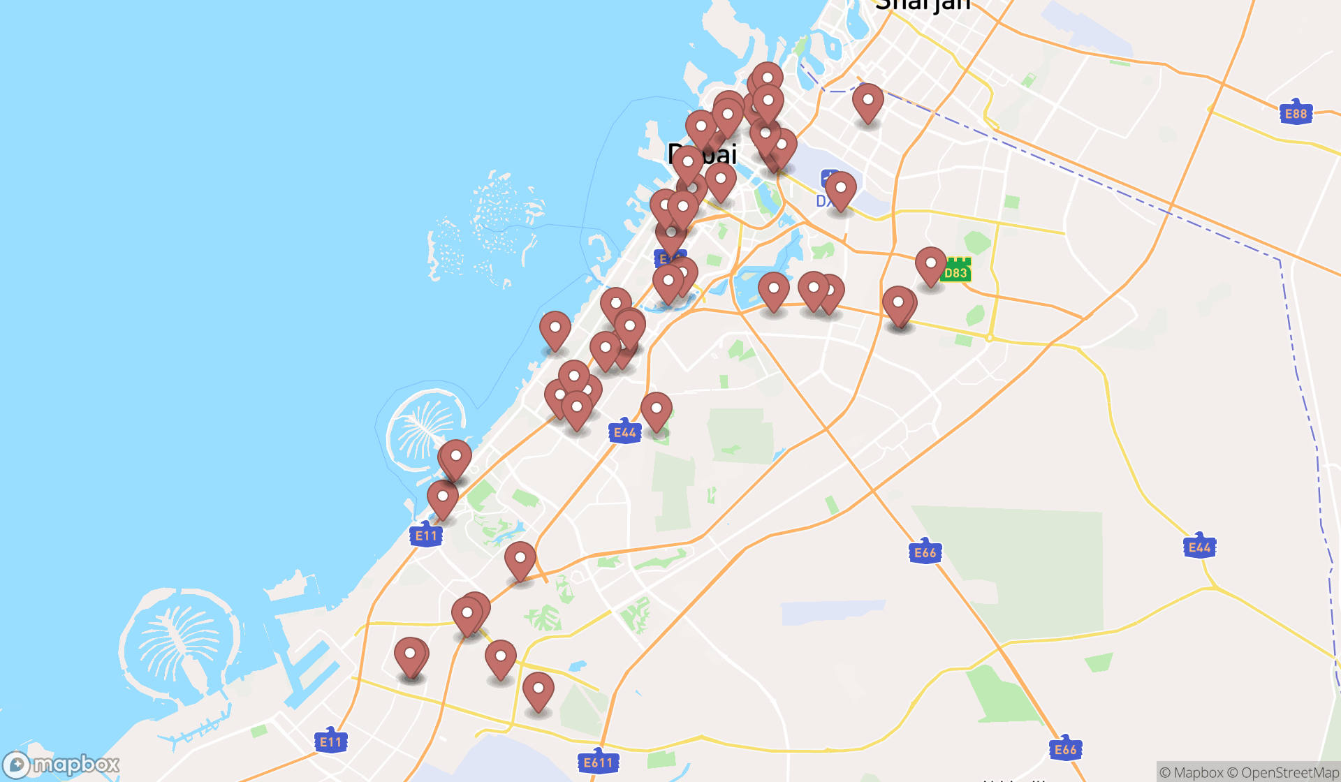Map showing the search results in Dubai