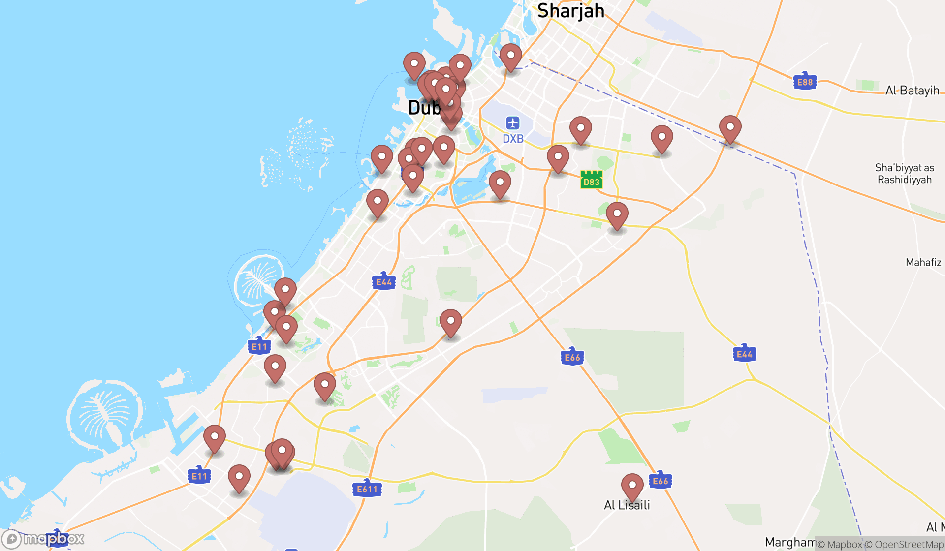 Map showing the search results in Dubai
