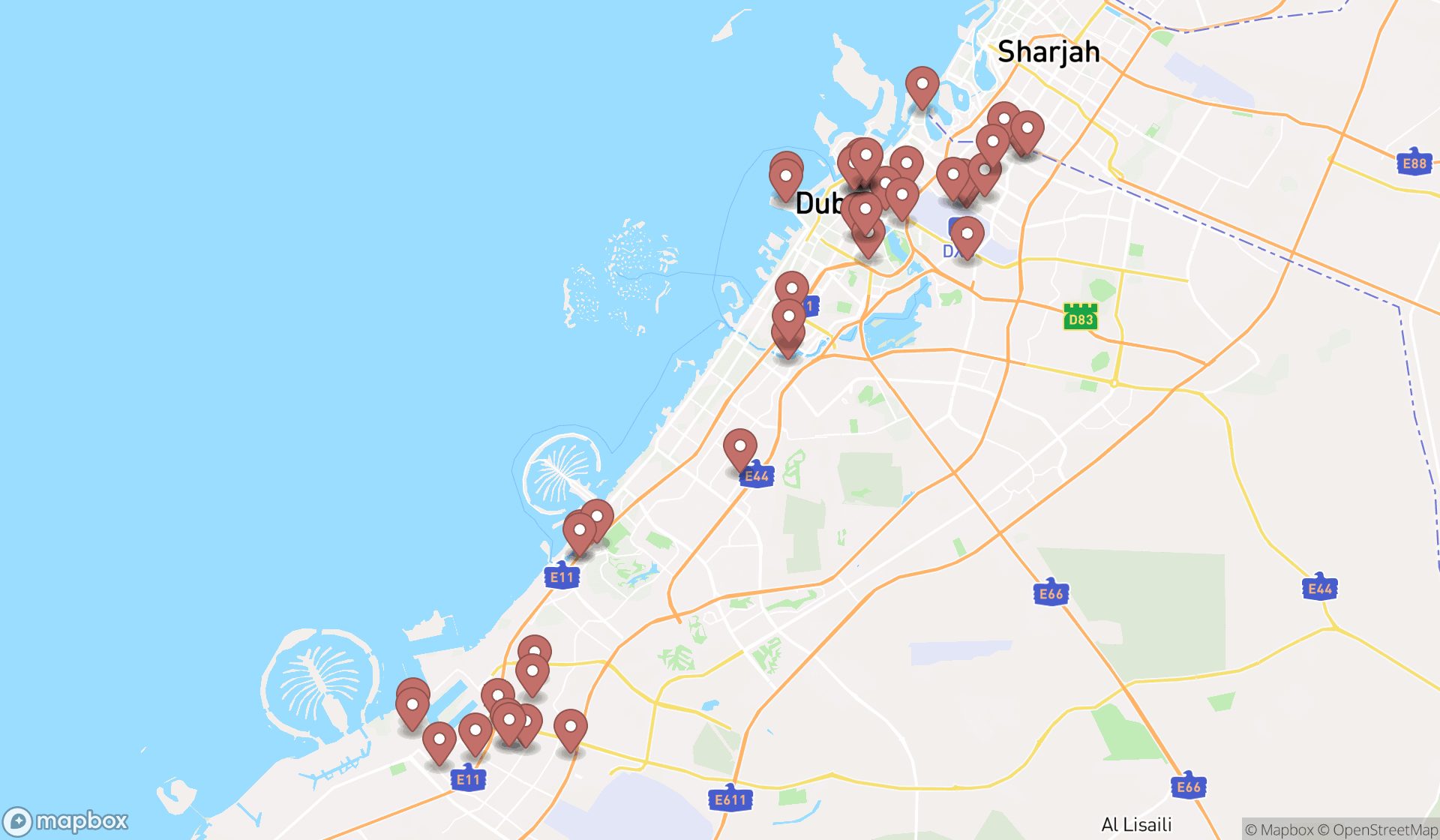 Map showing the search results in Dubai