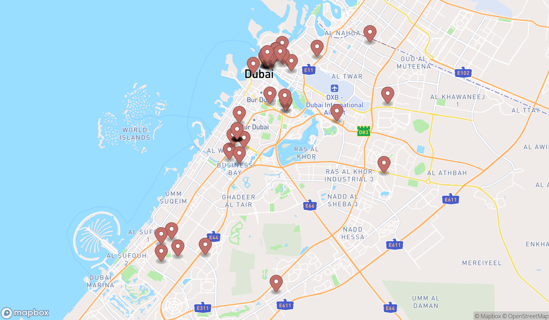 Map showing the search results in Dubai