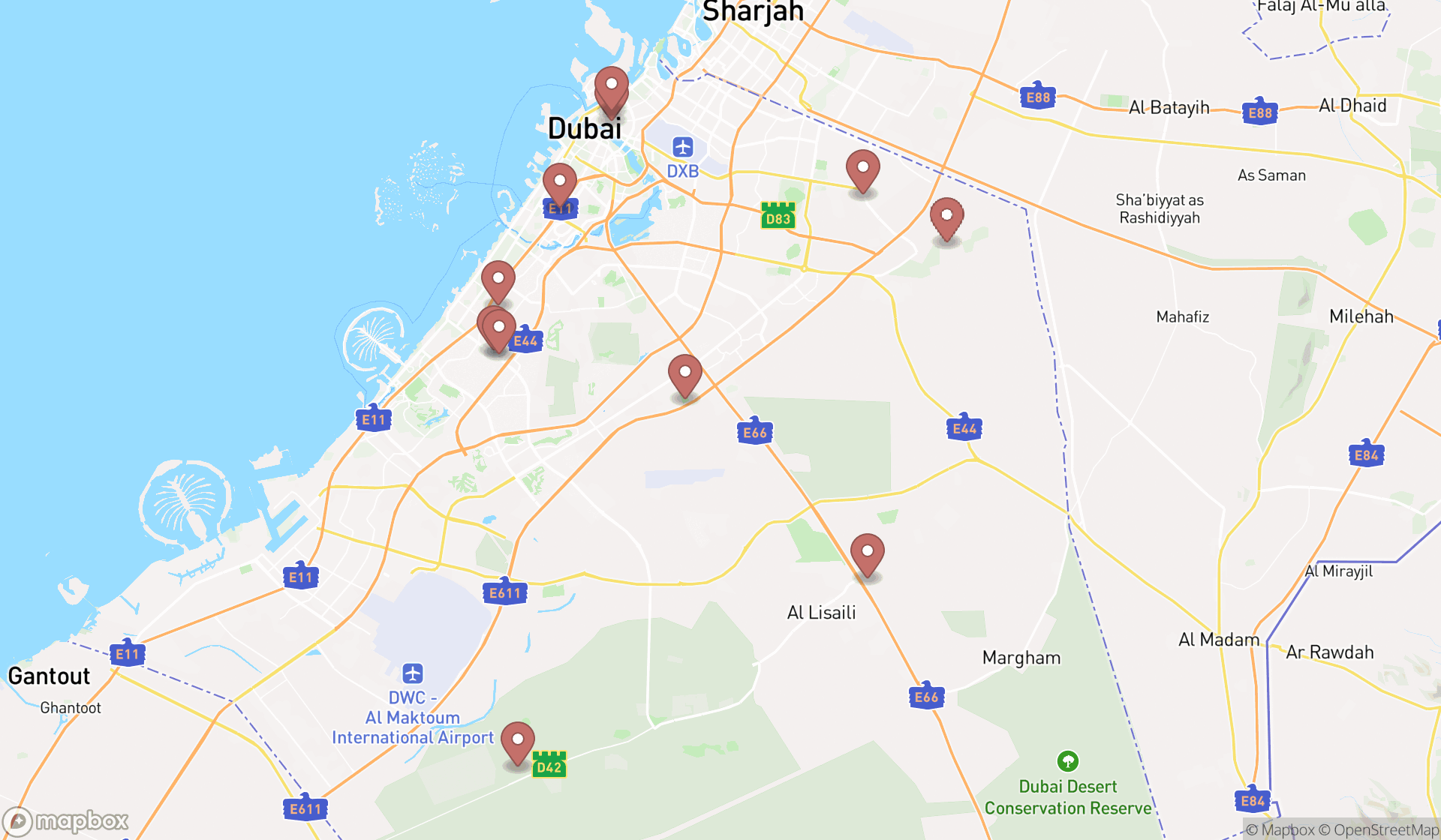 Map showing the search results in Dubai
