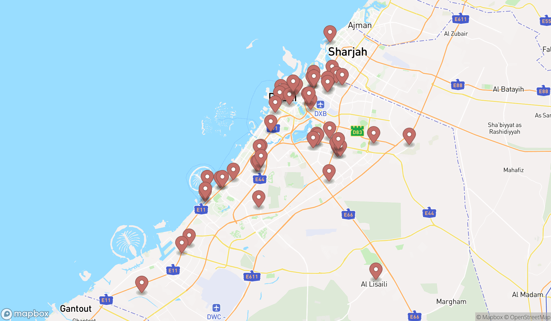 Map showing the search results in Dubai