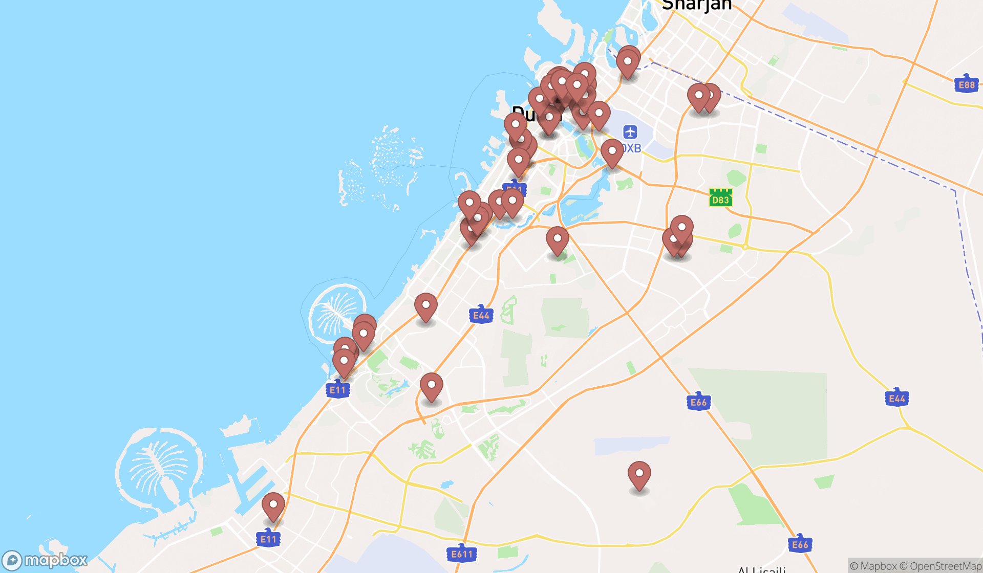 Map showing the search results in Dubai