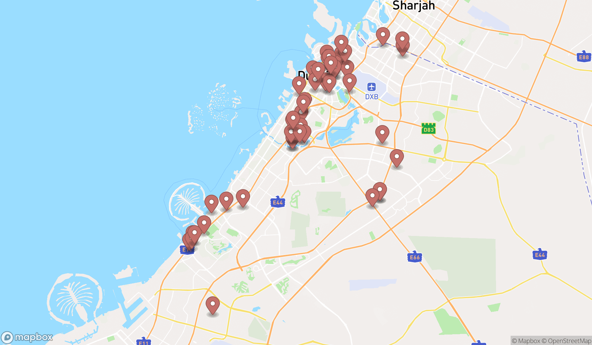 Map showing the search results in Dubai