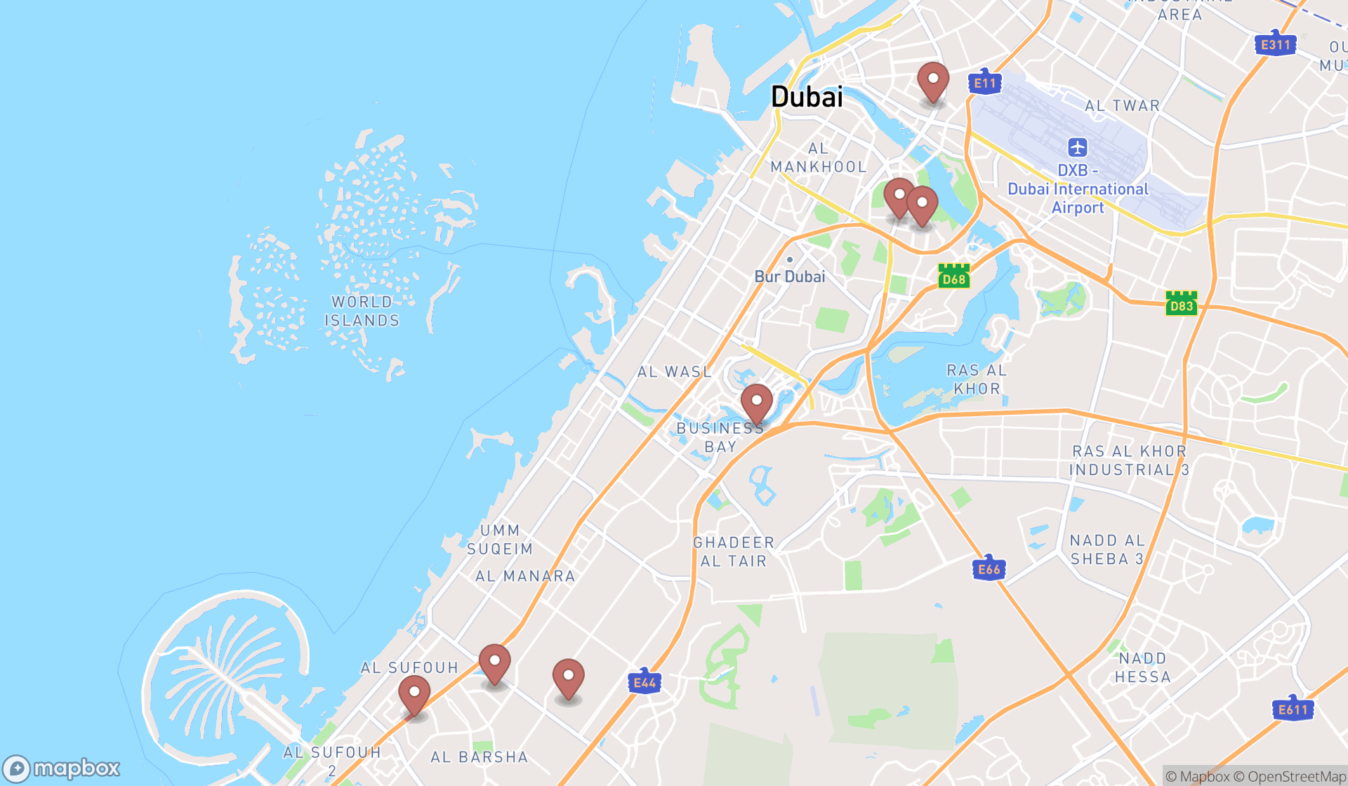 Map showing the search results in Dubai