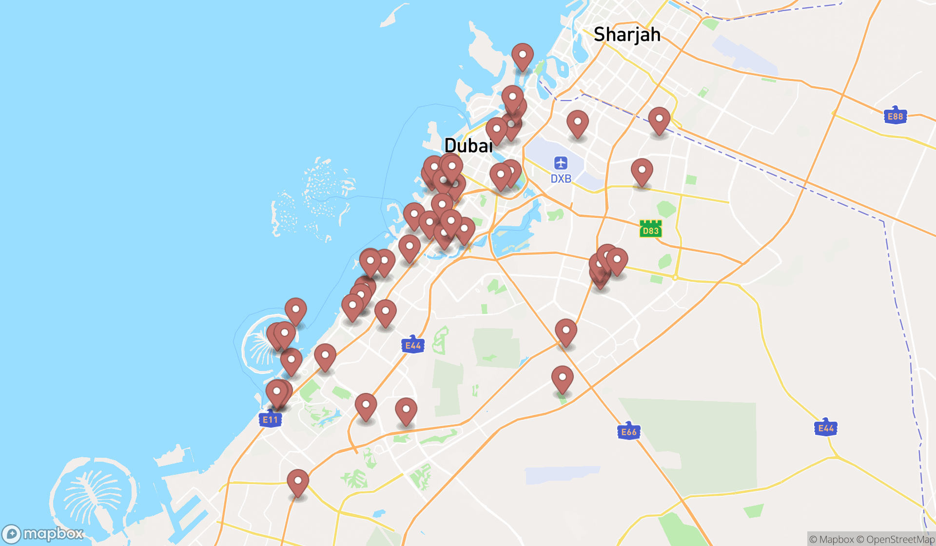 Map showing the search results in Dubai
