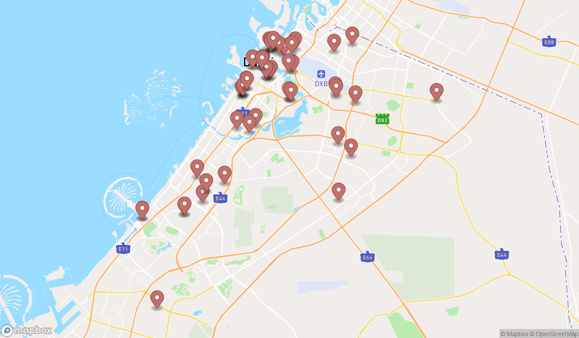 Map showing the search results in Dubai