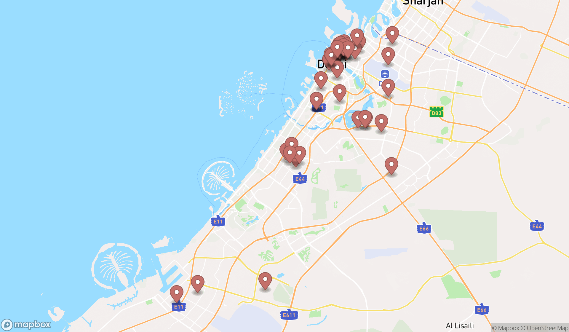Map showing the search results in Dubai