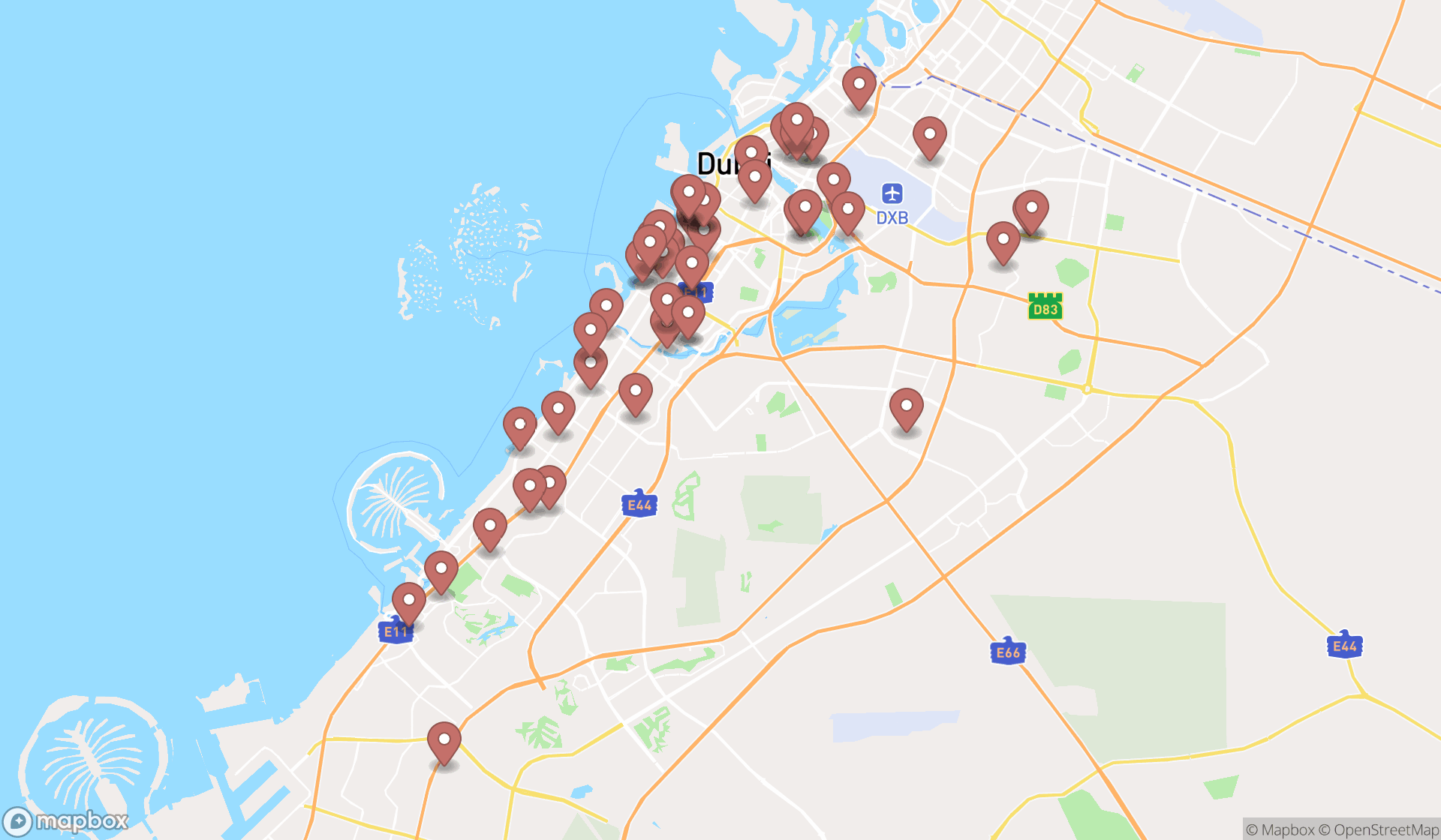 Map showing the search results in Dubai