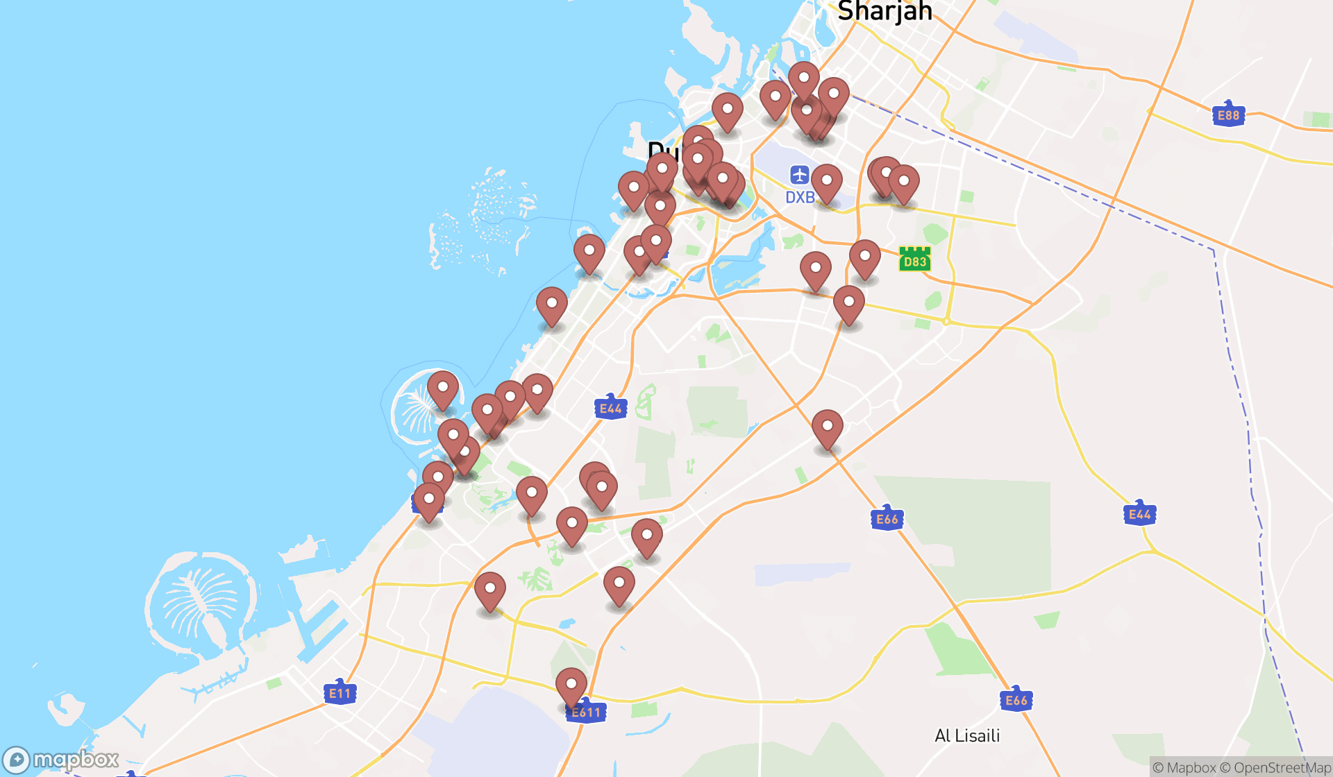 Map showing the search results in Dubai
