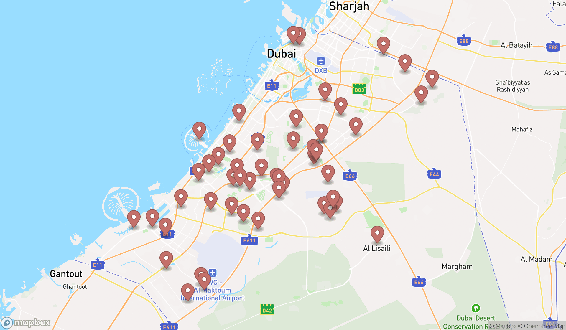 Map showing the search results in Dubai