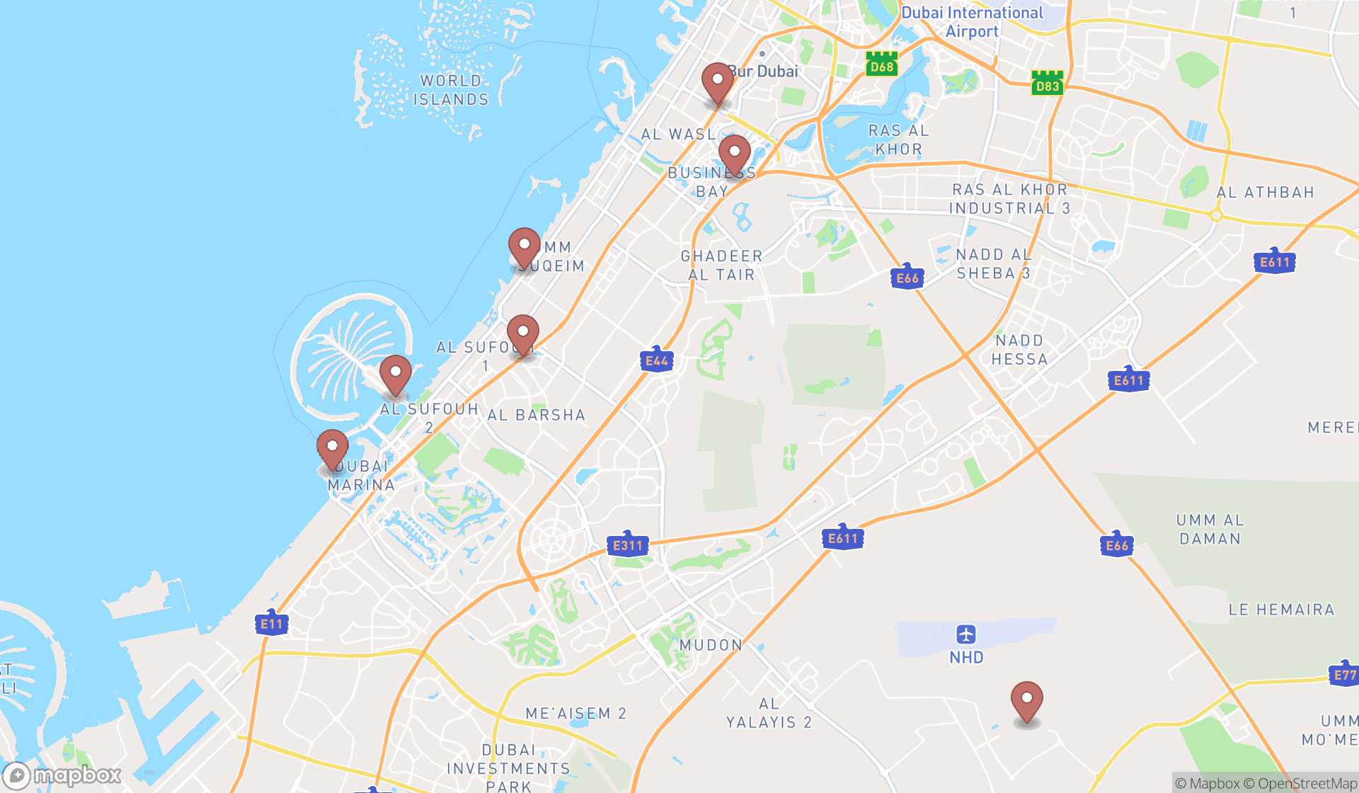 Map showing the search results in Dubai