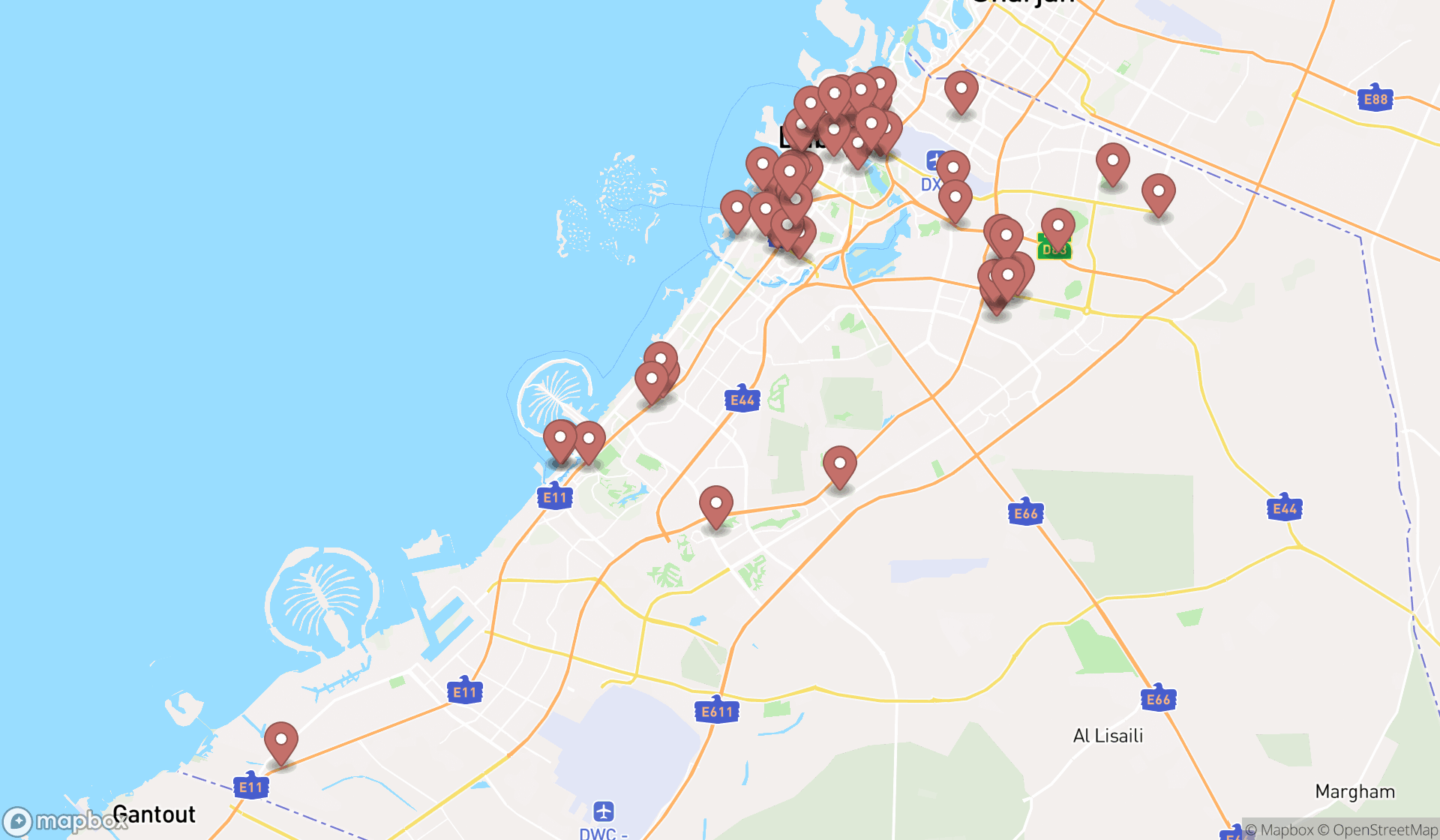 Map showing the search results in Dubai