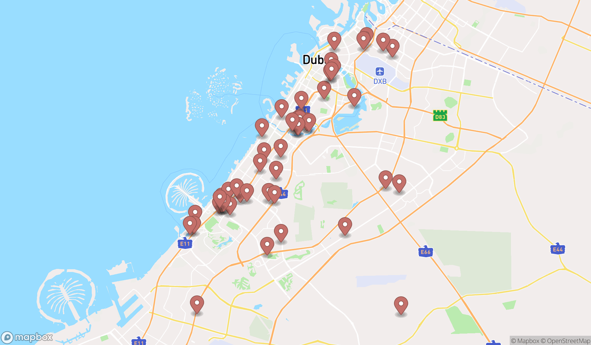 Map showing the search results in Dubai