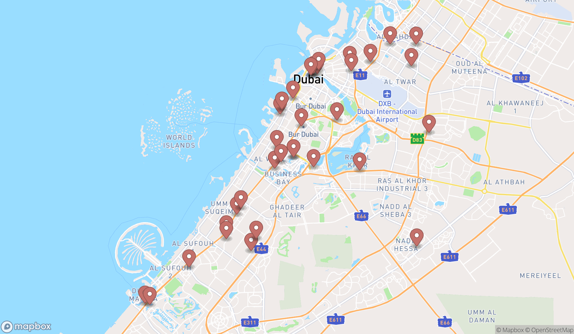 Map showing the search results in Dubai