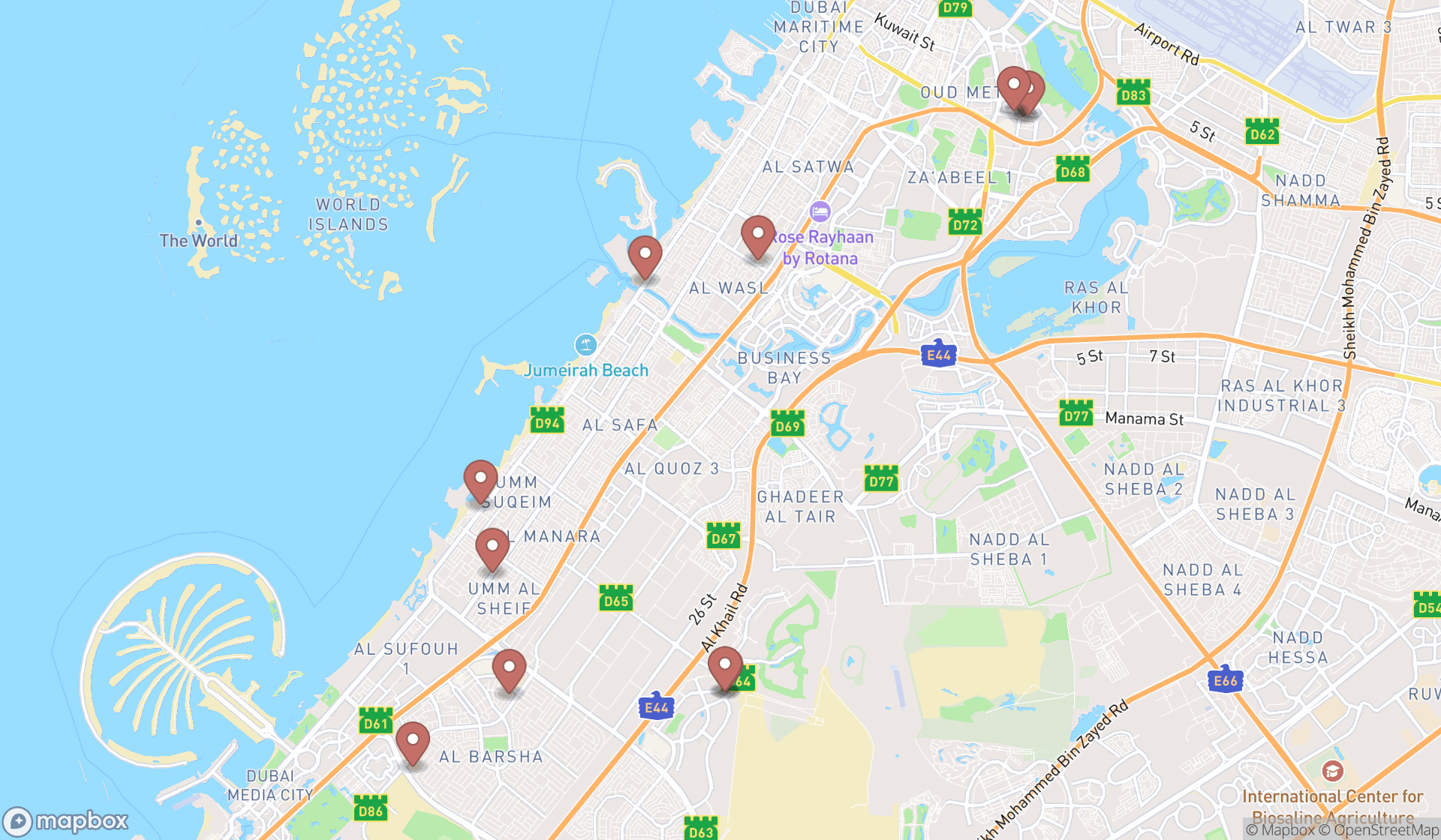 Map showing the search results in Dubai